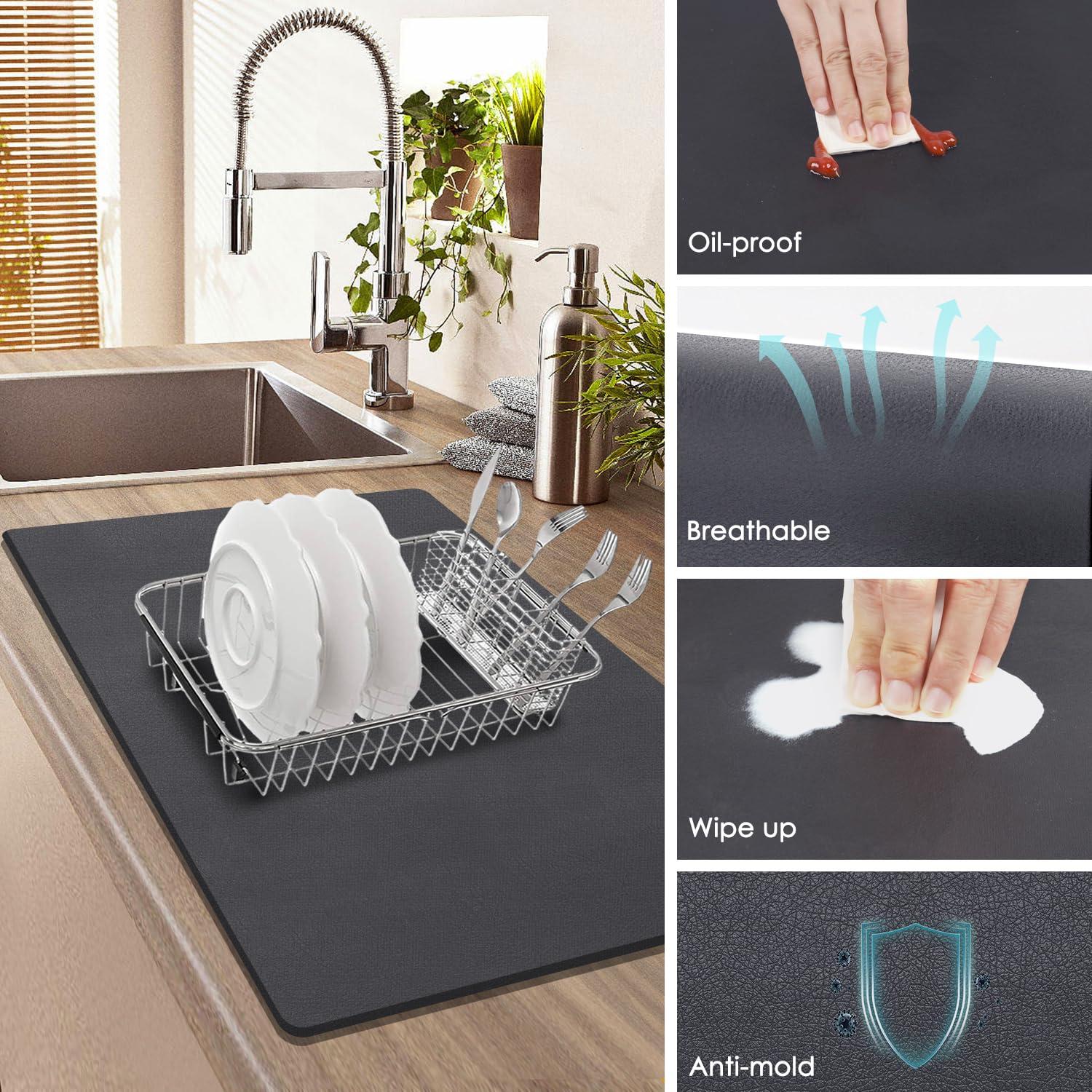 Qpix Digital Large Mat For Dish Drying Rack, 24''X16'' Absorbent Hide Stain Large Dish Drying Mats For Kitchen Counter Quick Dry
