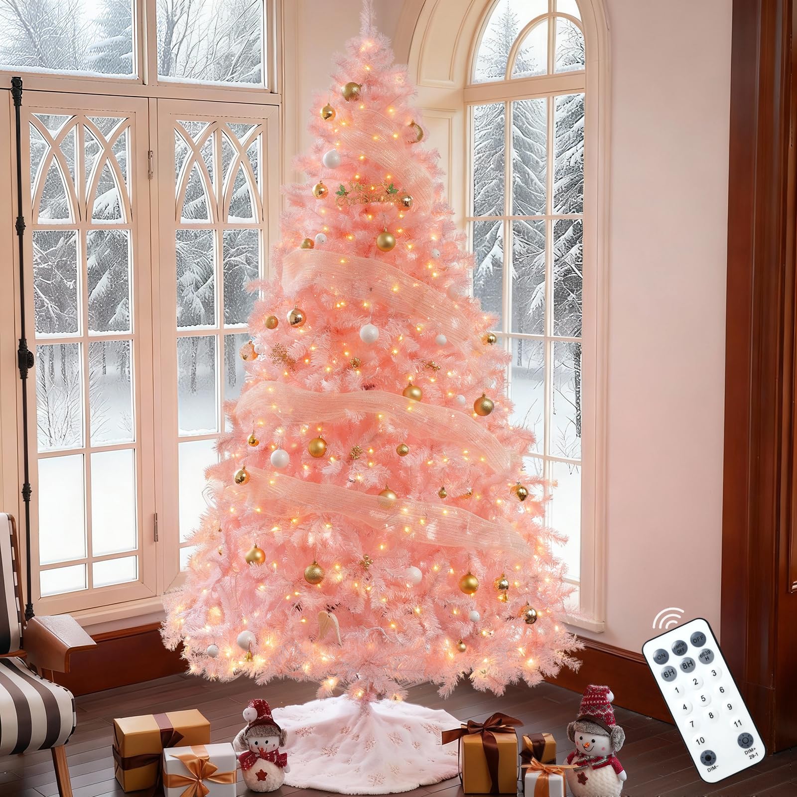 Prelit 7.5ft Pink Christmas Tree with 1500 PVC Branches, 600 Multicolor Lights, 11 Modes & Timer Remote Control, Auto-Hinged Art