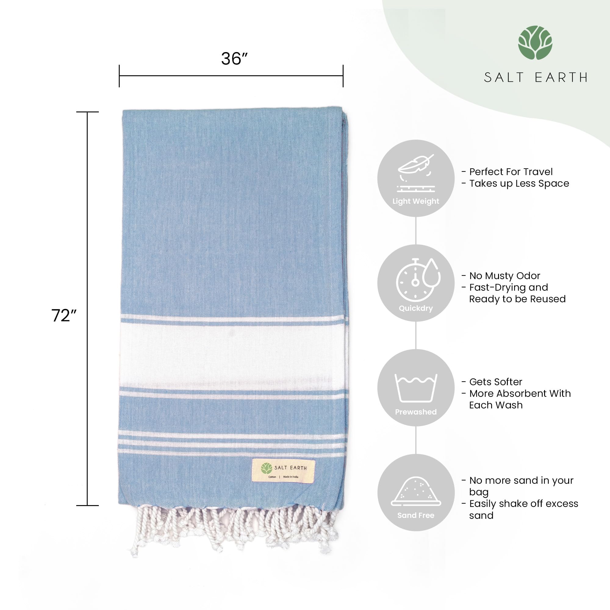 Salt Earth Cotton Turkish Beach Towel, Bath Towels Set Of 4 Large, Towels For Bathroom, Beach Essentials And Gym Towels, Quick D