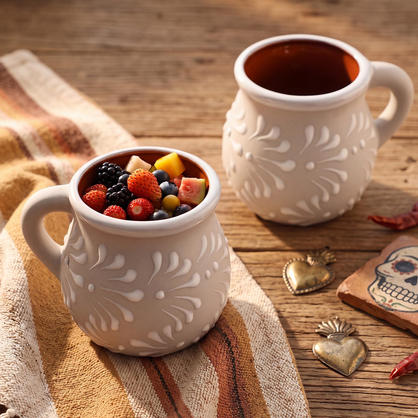Vesici 2 Pack Mexican Clay Mugs, Hand Painted Mexican Pottery Mugs De Barro Mexicanos Fiesta Coffee Cups Gifts for Birthday Wedd