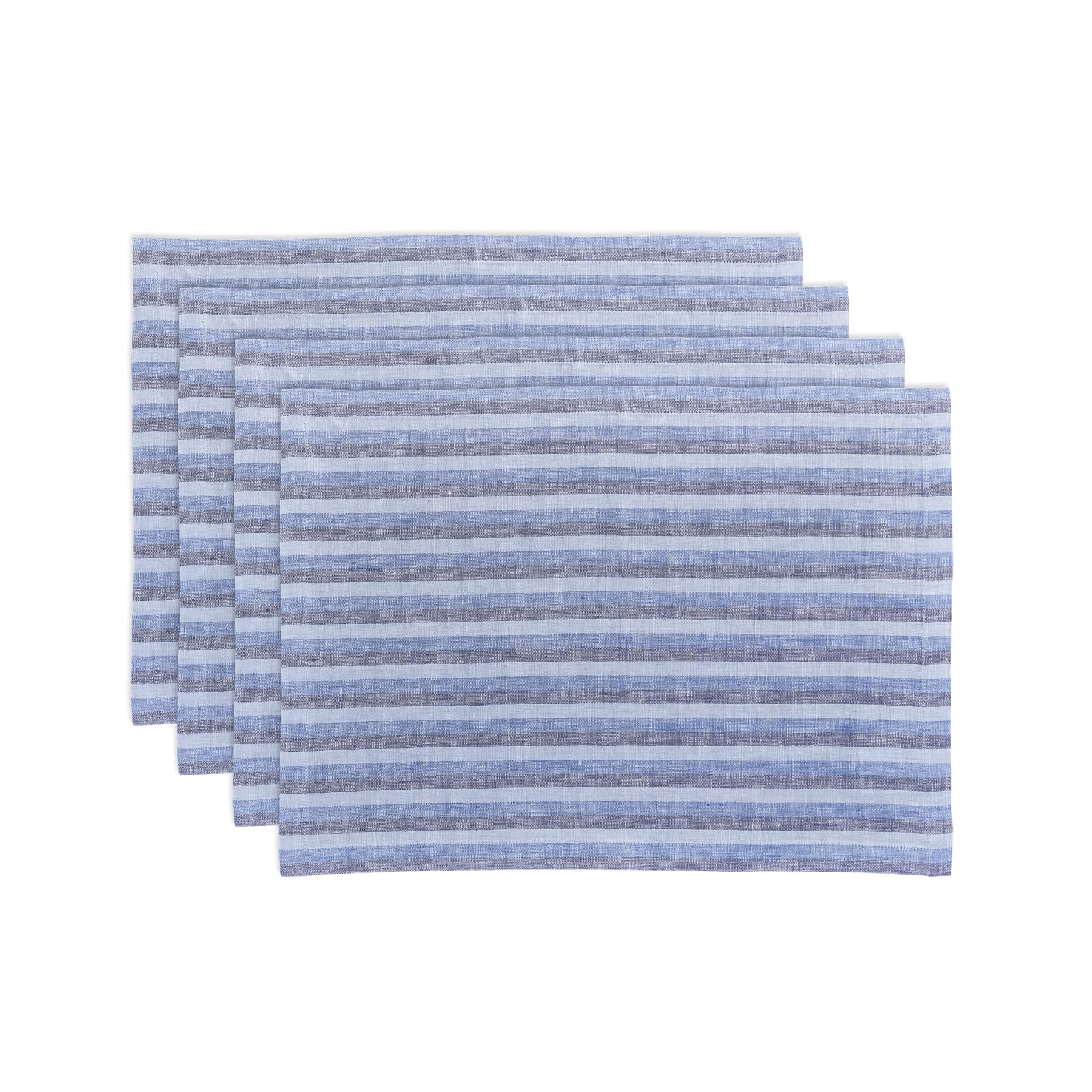Solino Home Stripe Linen Placemats 19'' L X 14'' W - 100% Pure Linen Bistro Blue Cloth Placemats Set Of 4 - Amalfi Stripe, Washa