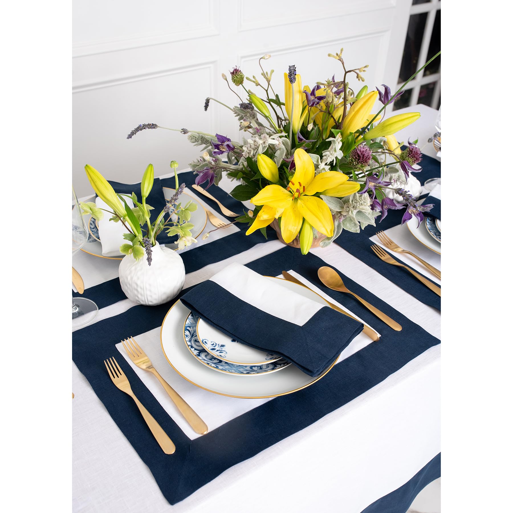 Solino Home Linen Table Runner 120 Inches Long - Contempo, 100% Pure Linen Navy And White Table Runner 14 X 120 Inch Ideal For W