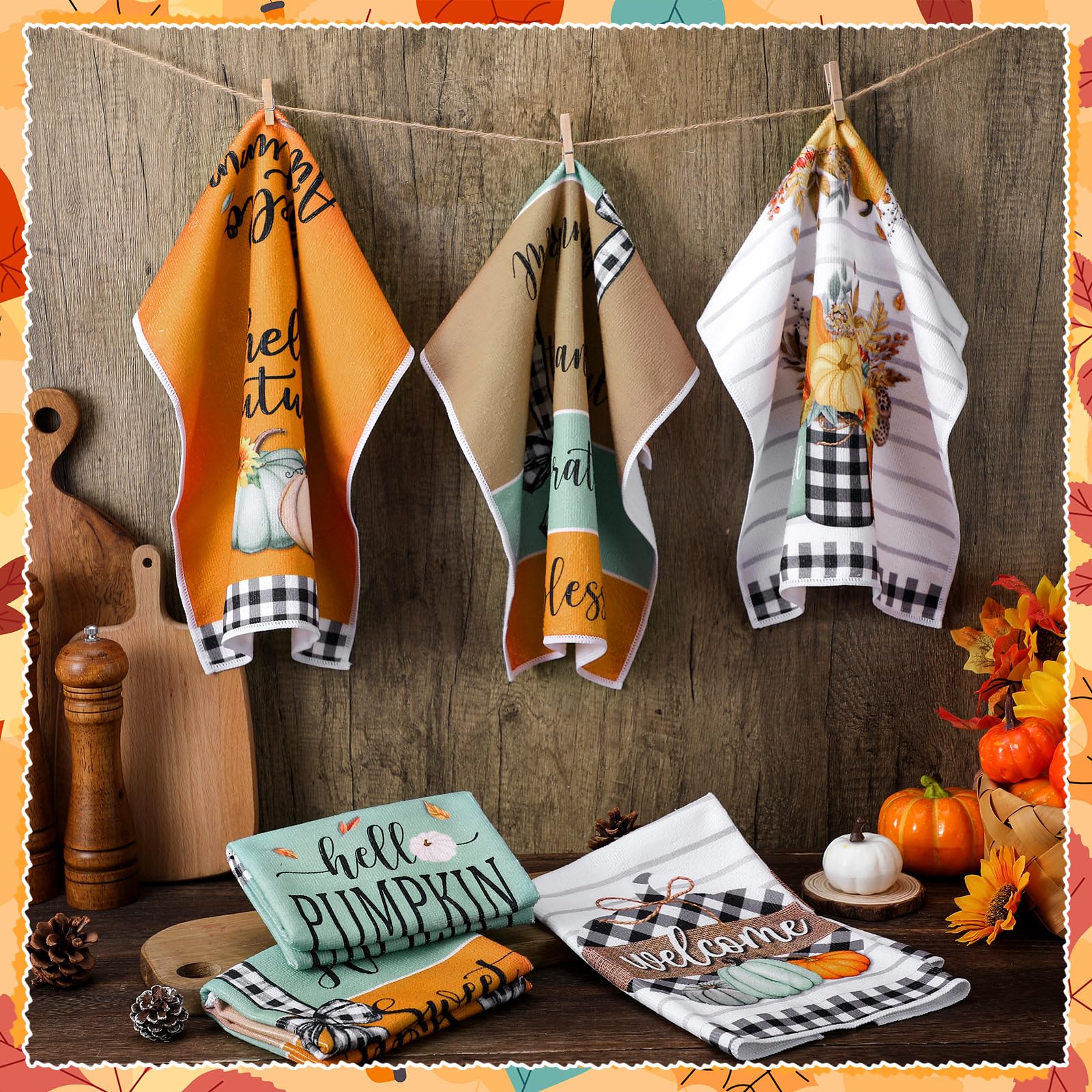 Windkream 6 Pieces Fall Thanksgiving Kitchen Towels Blue Orange Pumpkin Tea Dishtowels Buffalo Plaid Autumn Bathroom Hand Towels
