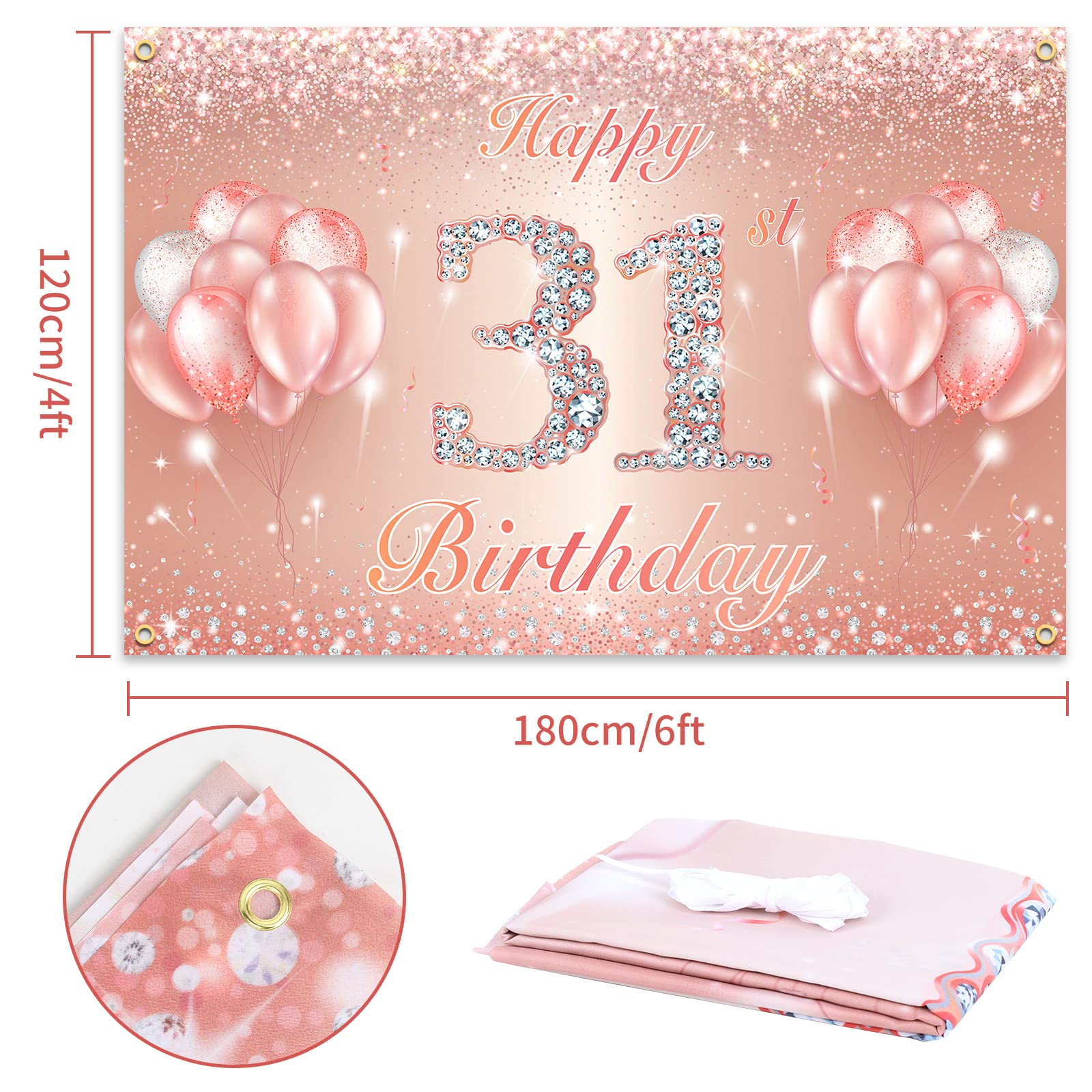 Happy 31St Birthday Banner Backdrop - 31 Birthday Party Decorations Supplies For Women Or Men - Rose Gold 4 X 6Ft