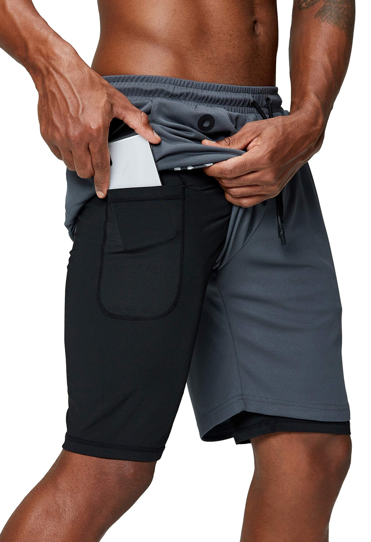 Pinkbomb Mens 2 In 1 Running Shorts Gym Workout Quick Dry Mens Shorts With Phone Pocket (Grey, Small)