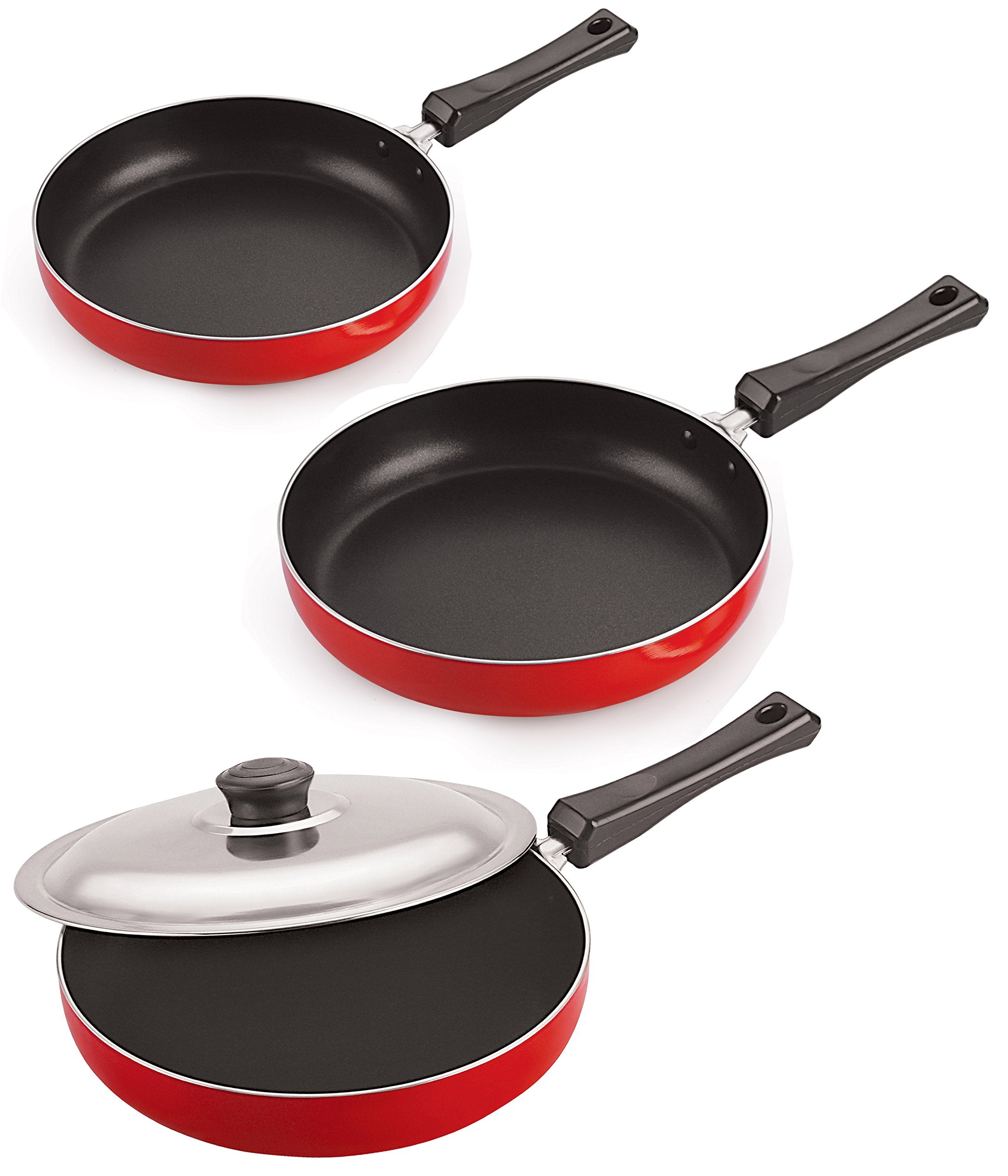 Nirlon NonStick Aluminium 3 Piece Fry Pan Combo Cookware Set With Stainless Steel Lid, 2.6Mm_Fp10_Fp11_Fp12