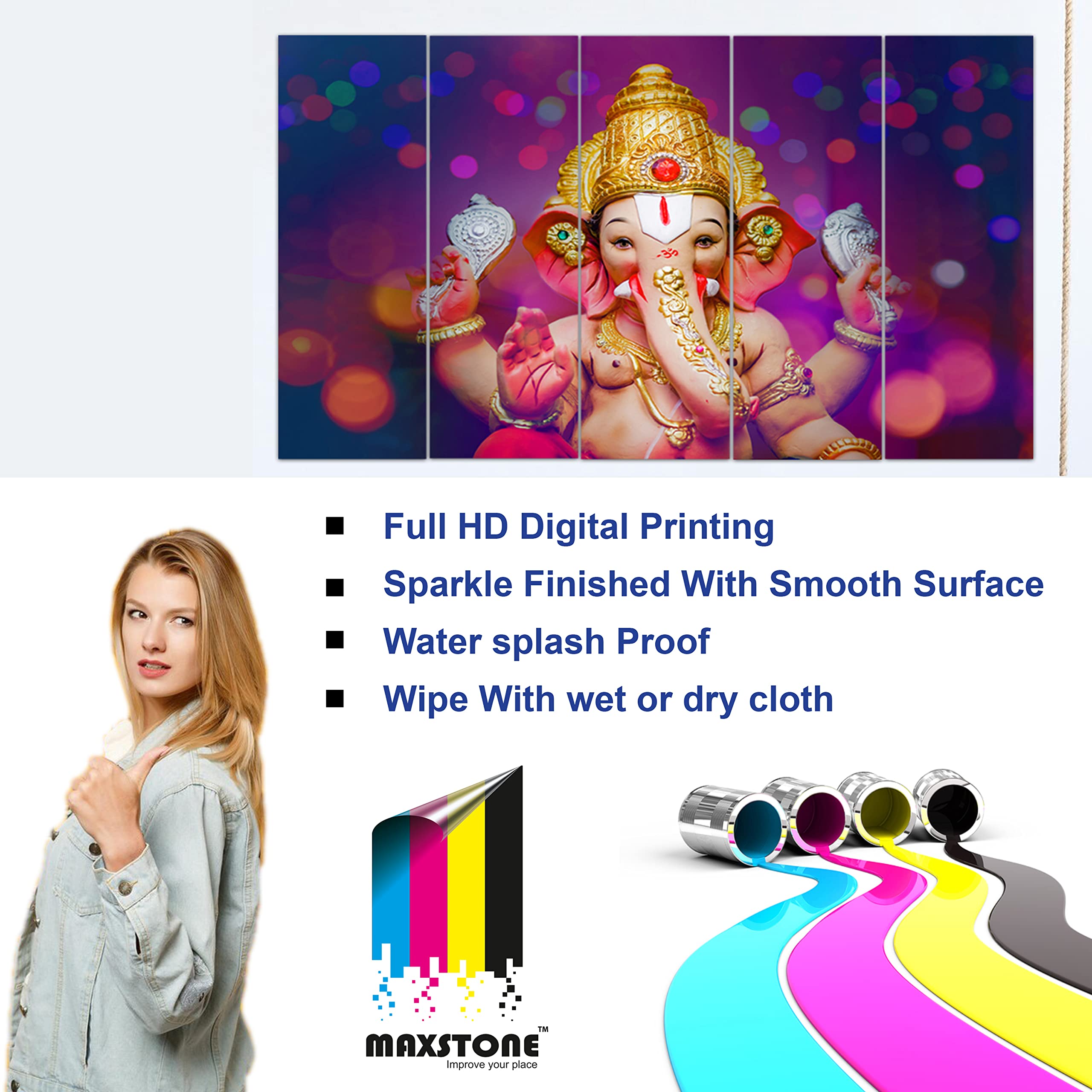 Maxstone Ganpati ji Multiple Frames Big Siz Wall Painting (50 x 30 Inch, Vynl) For living Room, Bedroom, Drawing Room, Home, Off