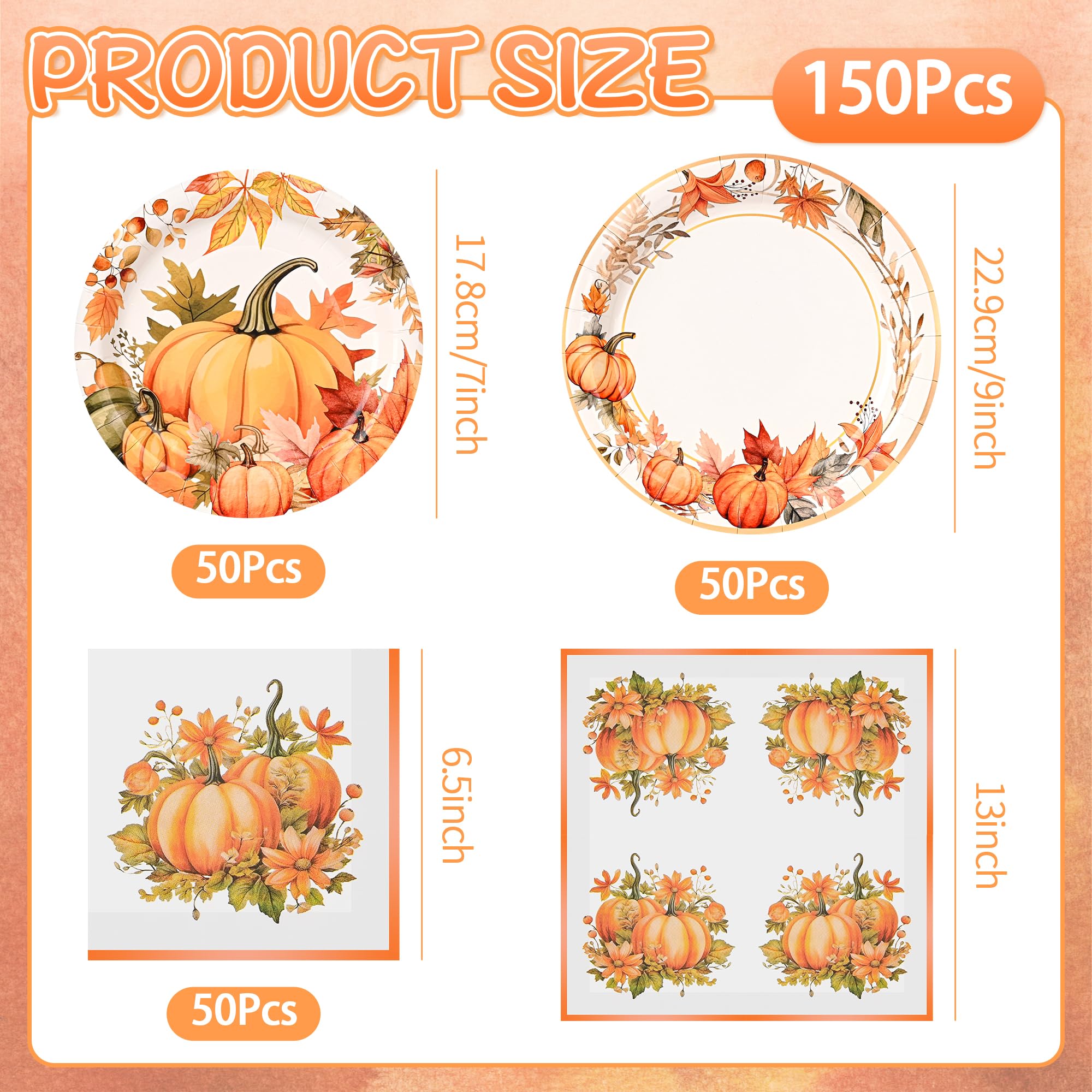 150Pcs Thanksgiving Fall Pumpkin Paper Plates and Napkins Fall Party Supplies Watercolor Pumpkin Maple Disposable Plates Autumn