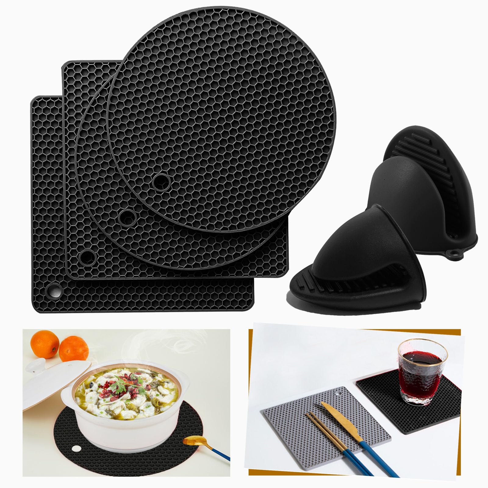 Auzla Silicone Trivet Pot Mat And Oven Mitts Sets | Heat Resistant Pot Holder And Mini Non-Slip & Flexible Oven Gloves For Kitch