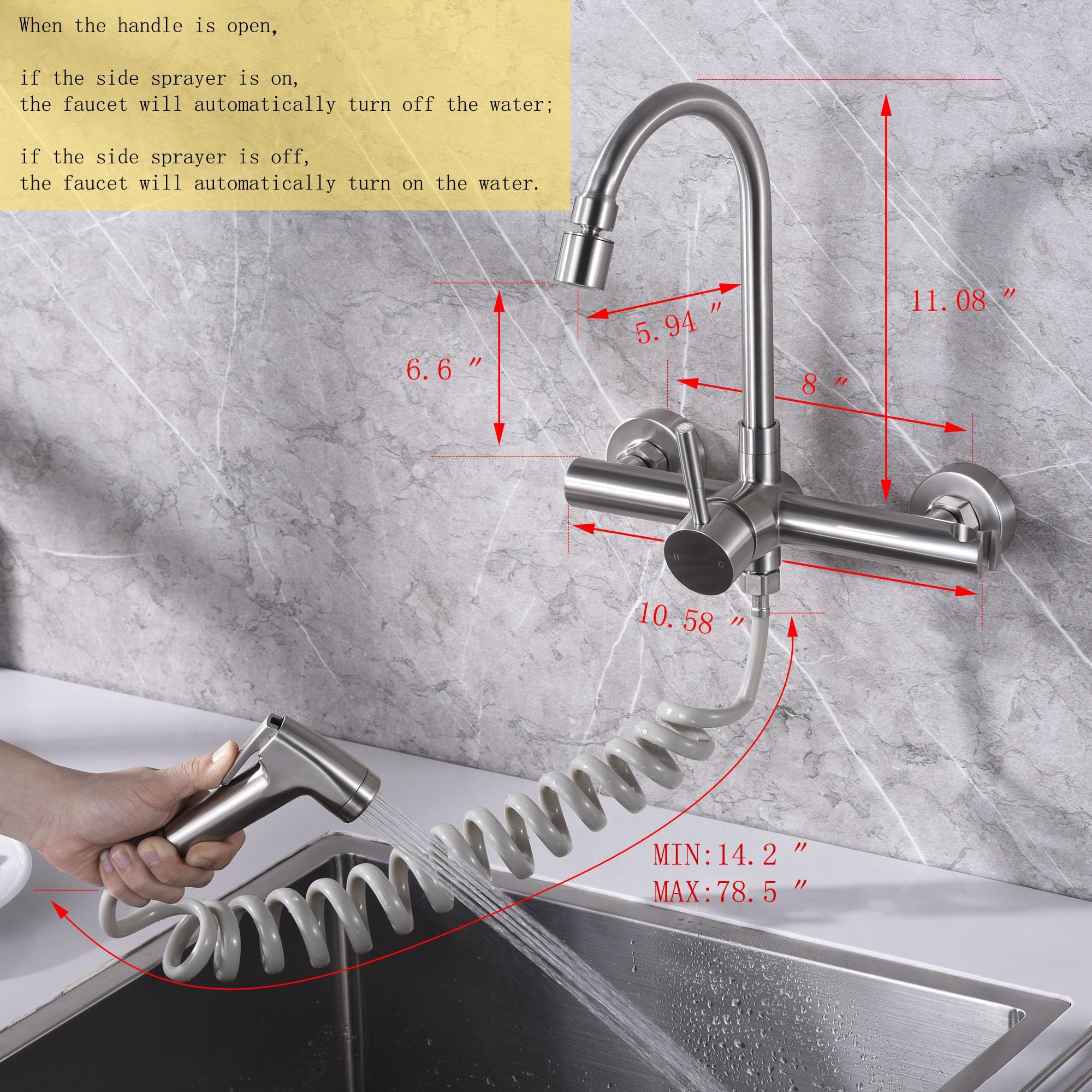 Zhyich Wall Mount Kitchen Faucet With Side Sprayer, Commercial Sink Faucets 8 Inch Center, 360 Swivel Spout And Dual Functional