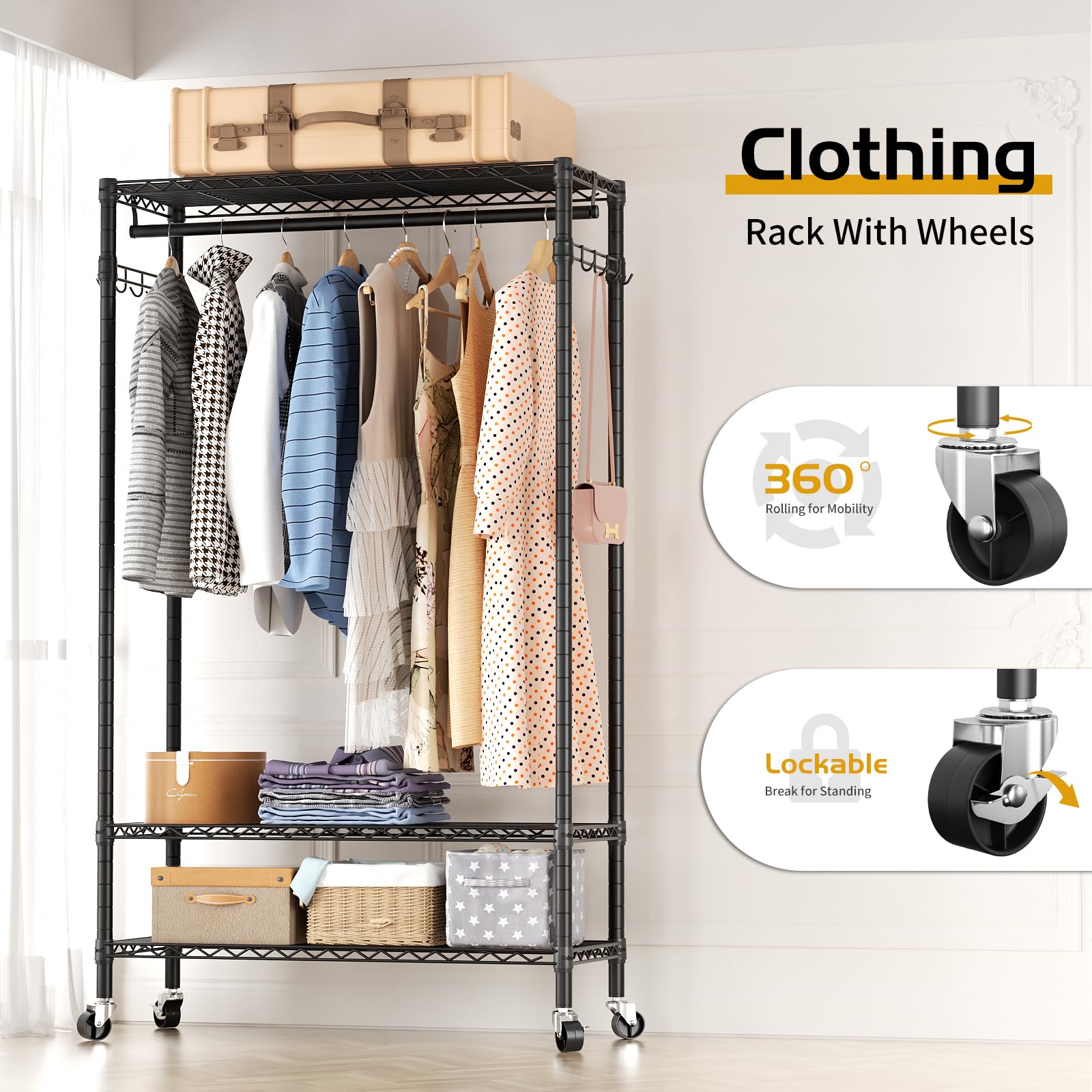 Heavy Duty Clothes Rack Rolling Garment Rack,3 Tier Adjustable Wire Shelving Clothing Racks For Hanging Clothes With Hanger Rod&