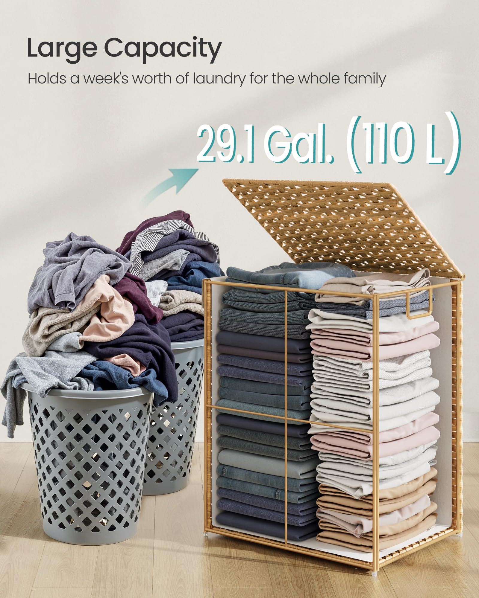 Songmics Laundry Hamper With Lid, 29.1 Gallon (110 L) Synthetic Rattan Clothes Laundry Basket With Lid And Handles, Foldable, Re