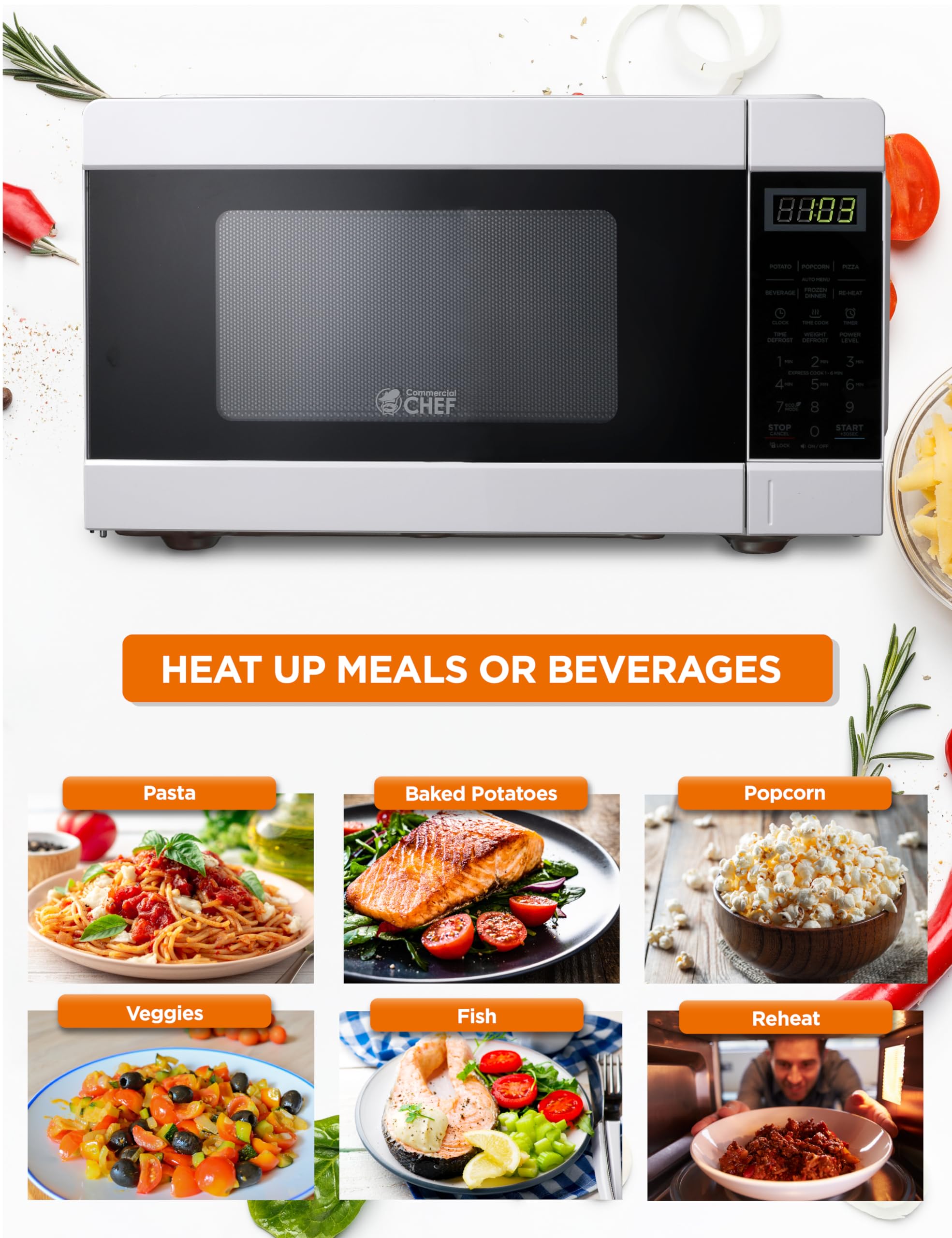 Commercial Chef 0.9 Cu Ft Microwave With 10 Power Levels, Push Button And Child Lock, 900 Watt Microwave With Digital Controls,