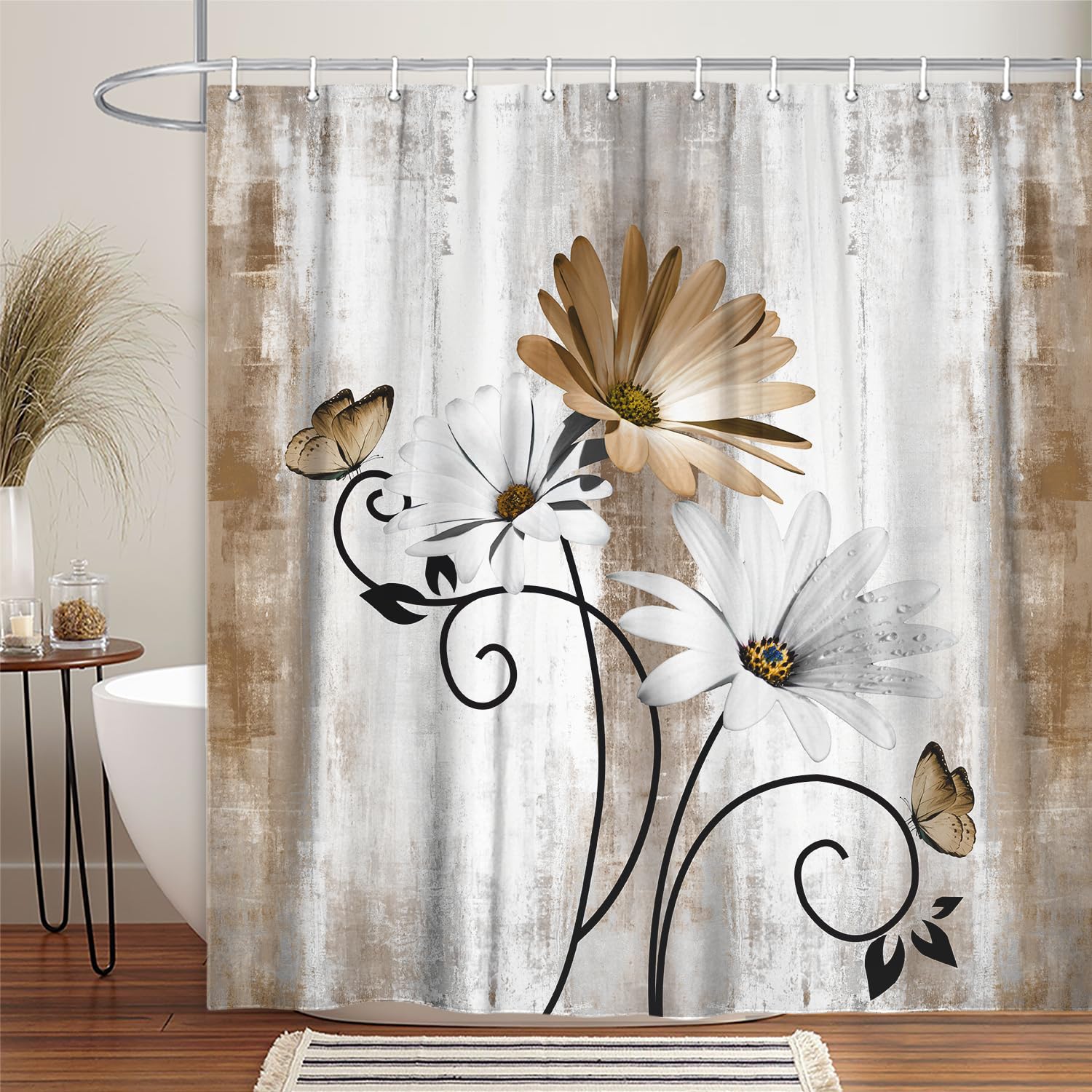 Veivian Rustic Farmhouse Shower Curtain, Farm Tan Cream Daisy Floral Flowers And Butterfly On Country Wooden Shower Curtain For