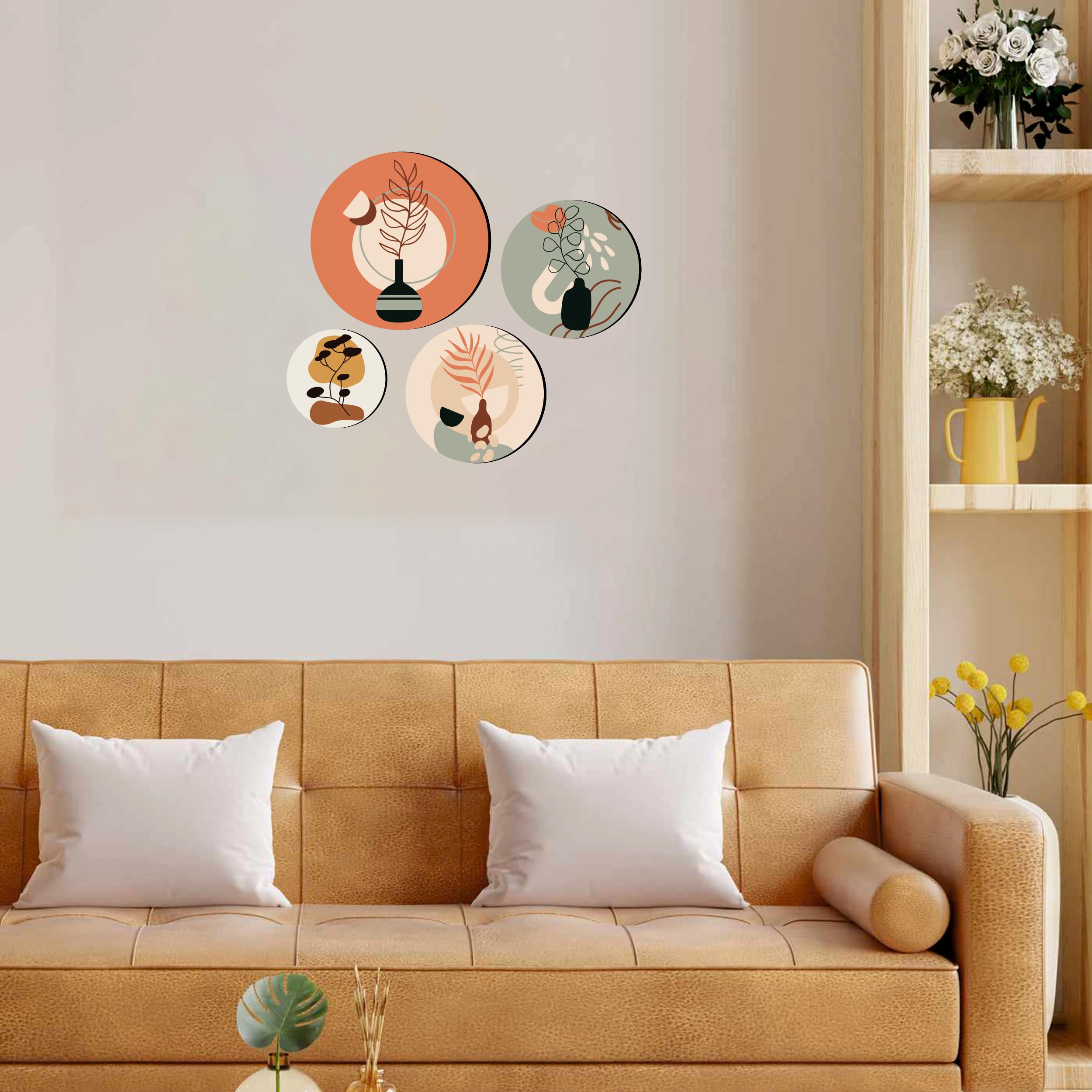 Giftplease Round Shape Elegant Wall Decoration Art - Handcrafted Traditional Wooden Decor Piece (Set Of 4 | Pattern-14)