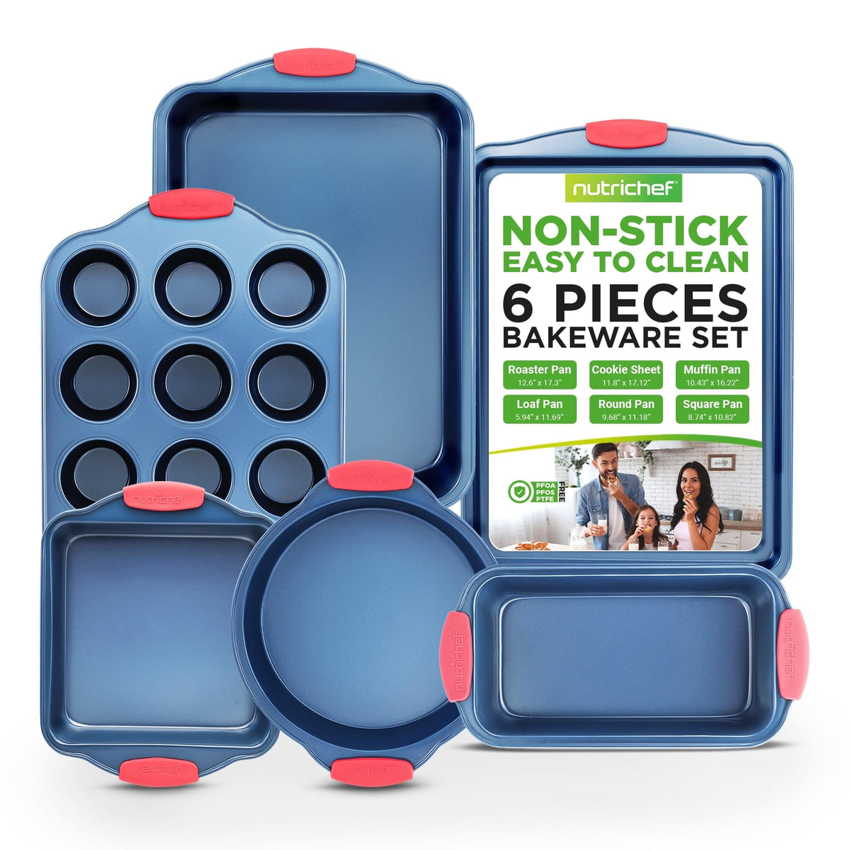 Nutrichef 6-Piece Nonstick Bakeware Set - Pfoa, Pfos, Ptfe-Free Carbon Steel Baking Trays W/Heat Safe Silicone Handles, Oven Saf