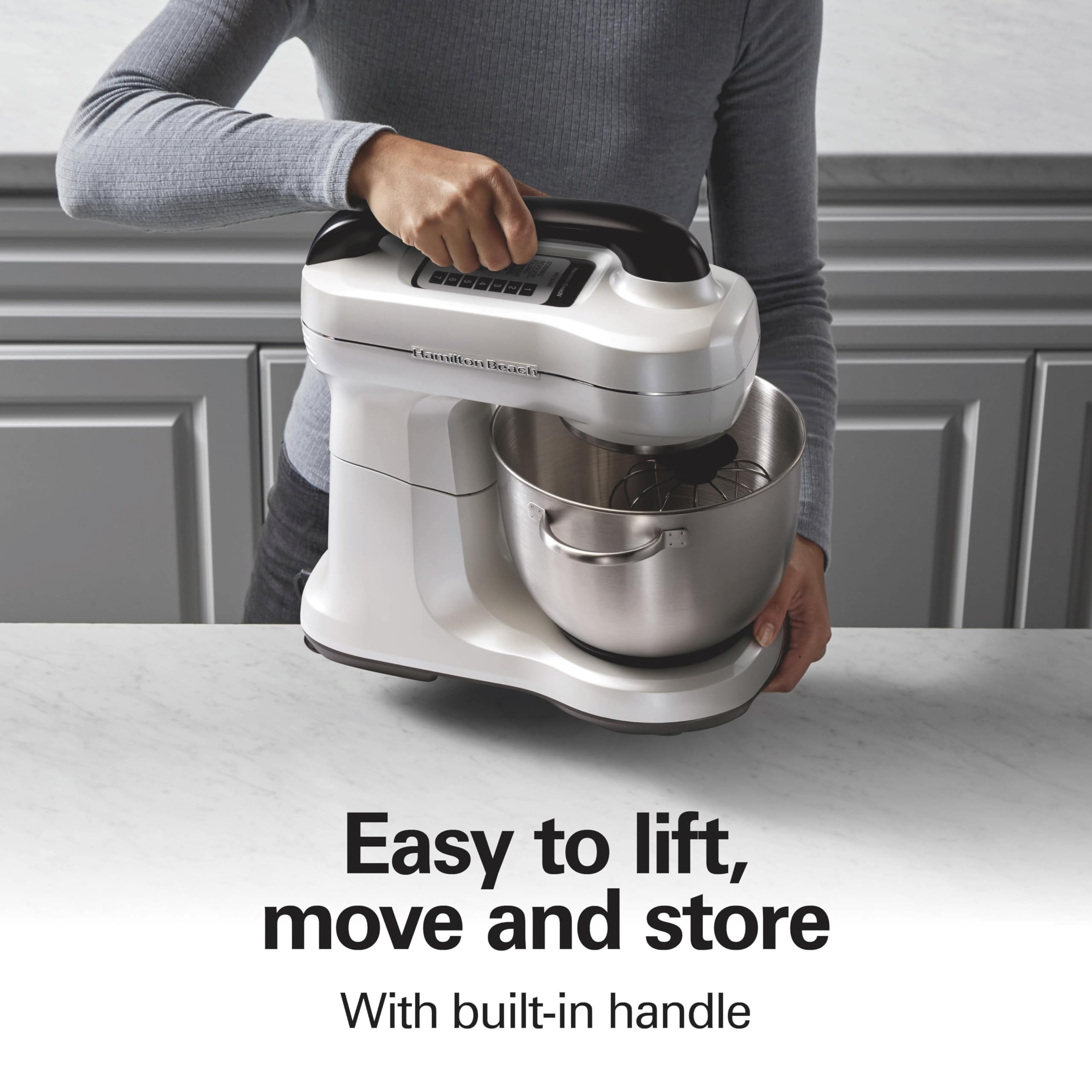 Hamilton Beach Electric Stand Mixer, 4 Quarts, Dough Hook, Flat Beater Attachments, Splash Guard, 7 Speeds With Whisk, White