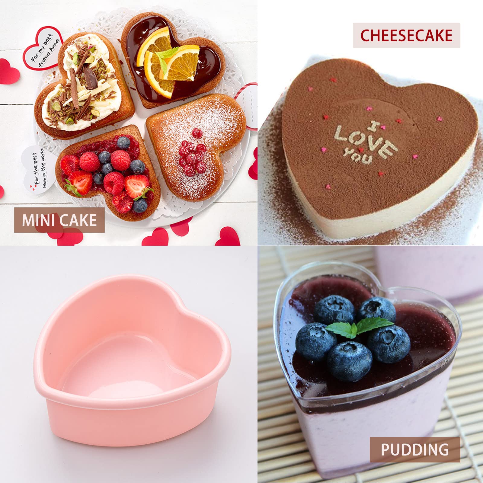 Dootafy 4 Pack Mini Heart Cake Pan, 4 Inch Silicone Heart Cake Mold Baking Pan Nonstick Heart Shaped Molds For Valentines Day An