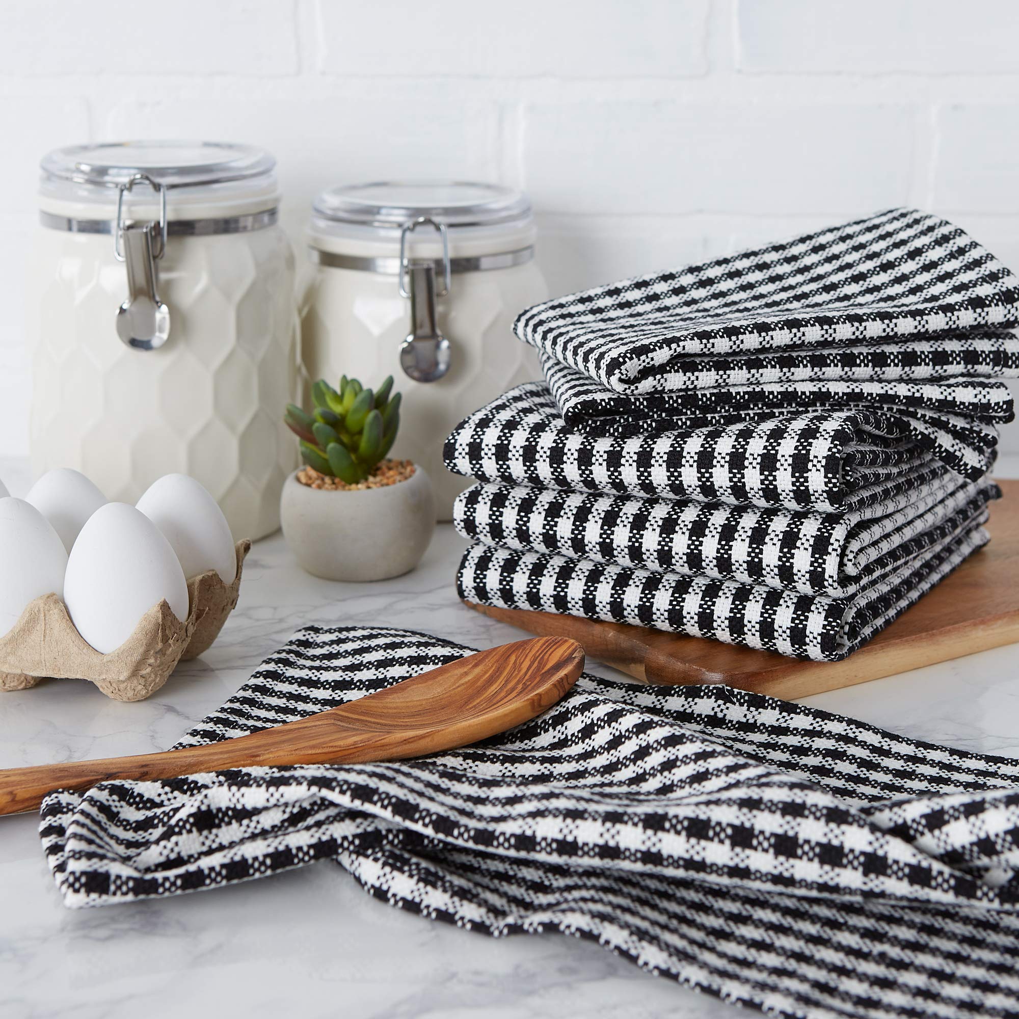 Dii French Check Kitchen Collection Decorative Oversized Cotton Dishtowels, Assorted Set, Black, 6 Piece