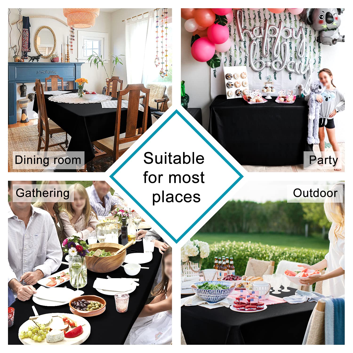 Hiasan Black Rectangle Tablecloth - 54 X 80 Inch - Waterproof & Wrinkle Resistant Washable Fabric Table Cloth For Dining, Party