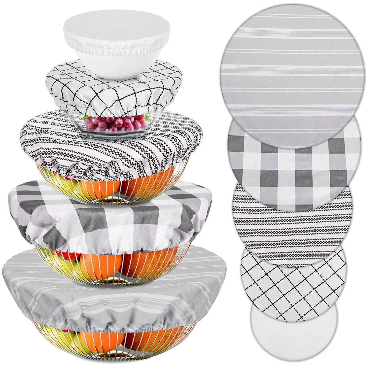 Whaline 10Pcs Bowl Covers Reusable In 5 Size Stretch Cloth Fabric Dish Cover Farmhouse Plaid Gray Ticking Stripe Lids For Food F