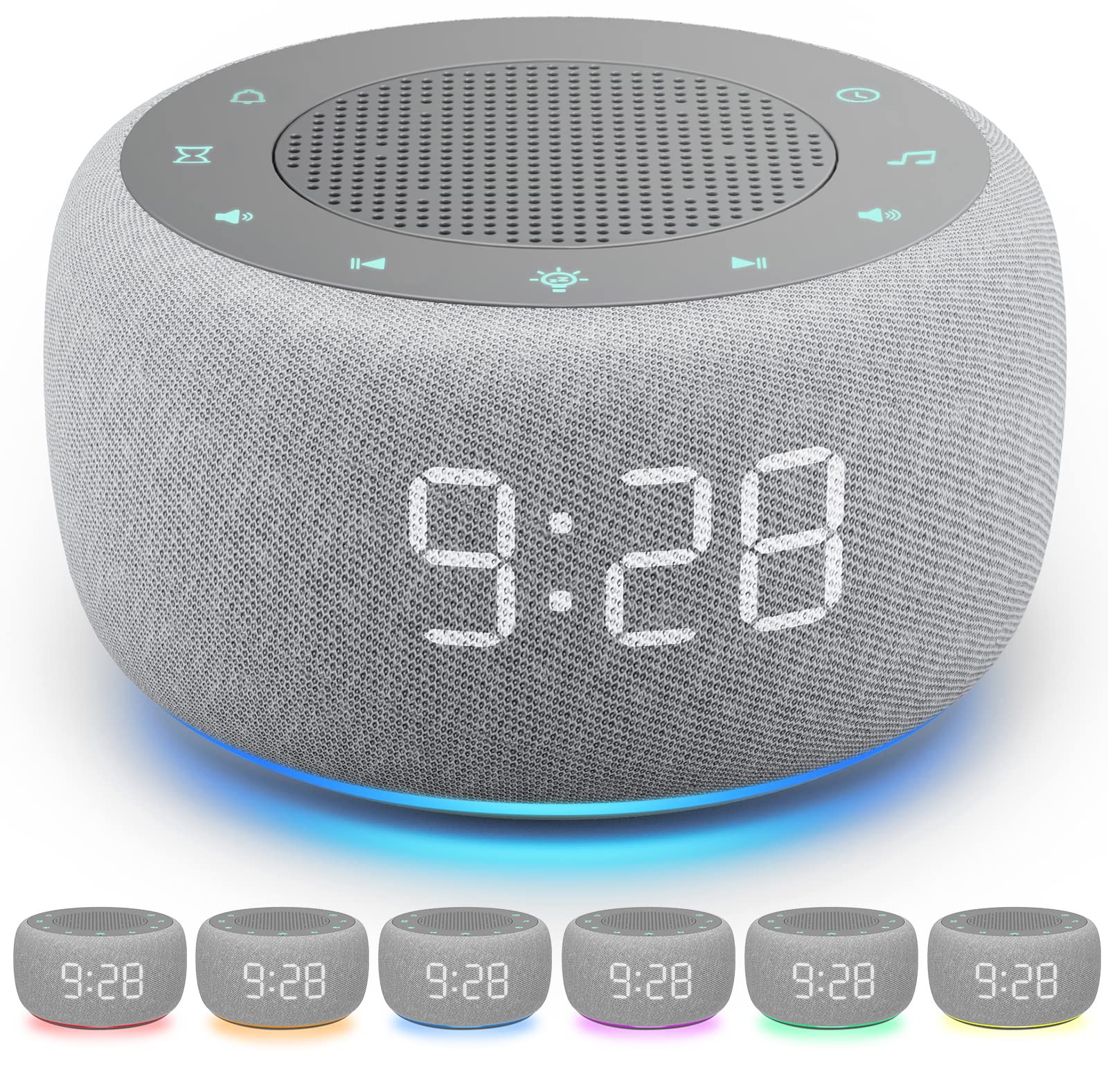 BUFFBEE Sound Machine & Alarm Clock, 18 Soothing Sounds, 7 Night Lights, 30-Level Volume Control, Grey, Model BK11