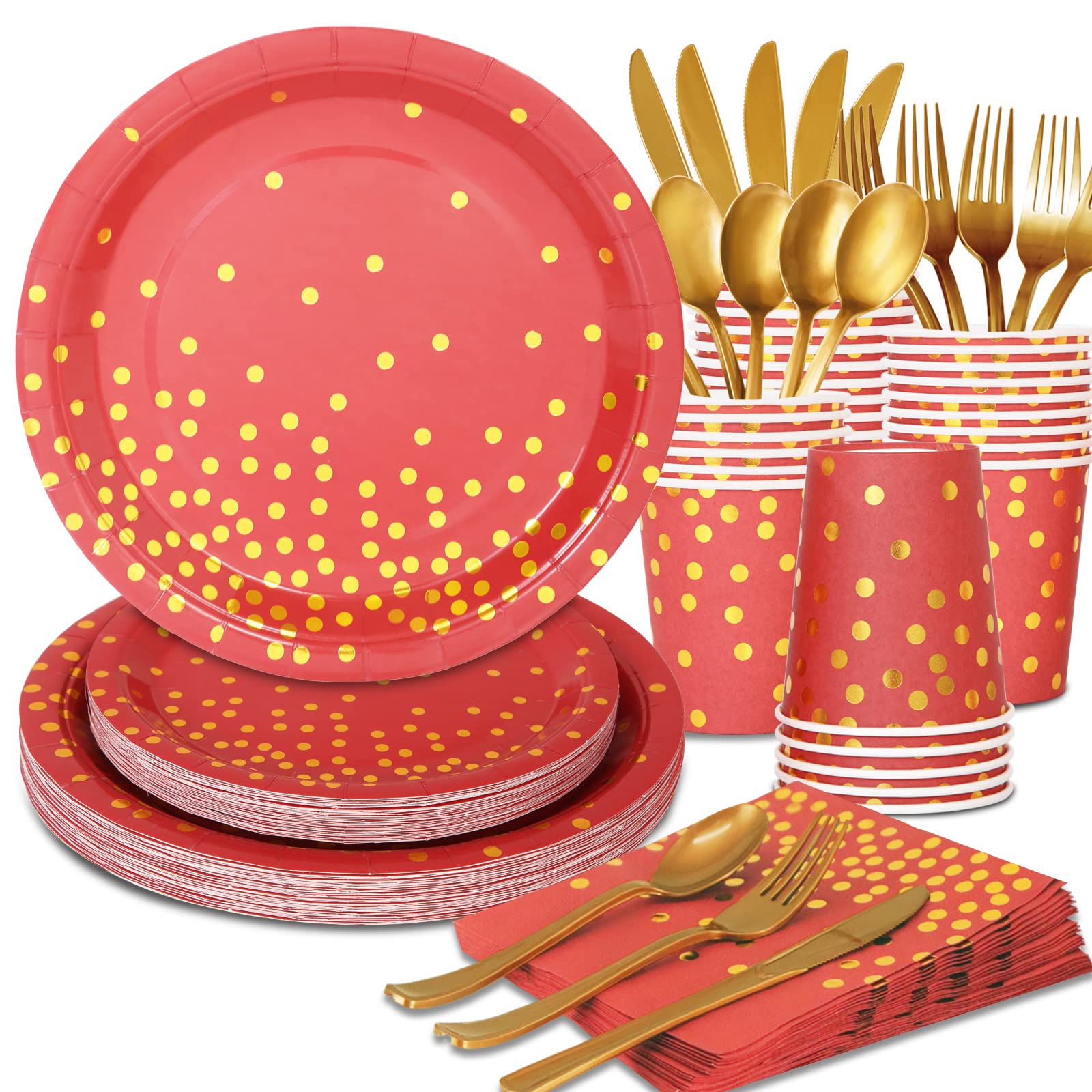 Gudvilla 168Pcs Red And Gold Party Decorations, Red Plates And Napkins Serve 24, Red Paper Plates, Red And Gold Plates For Birth