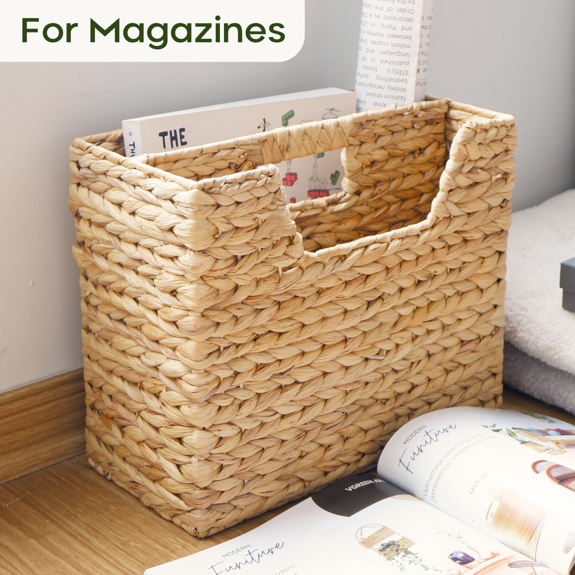 Chi An Home Wicker Magazine Basket, Water Hyacinth Organizer For Files, Books & Newspapers, Divided Rattan Basket With Handle, S