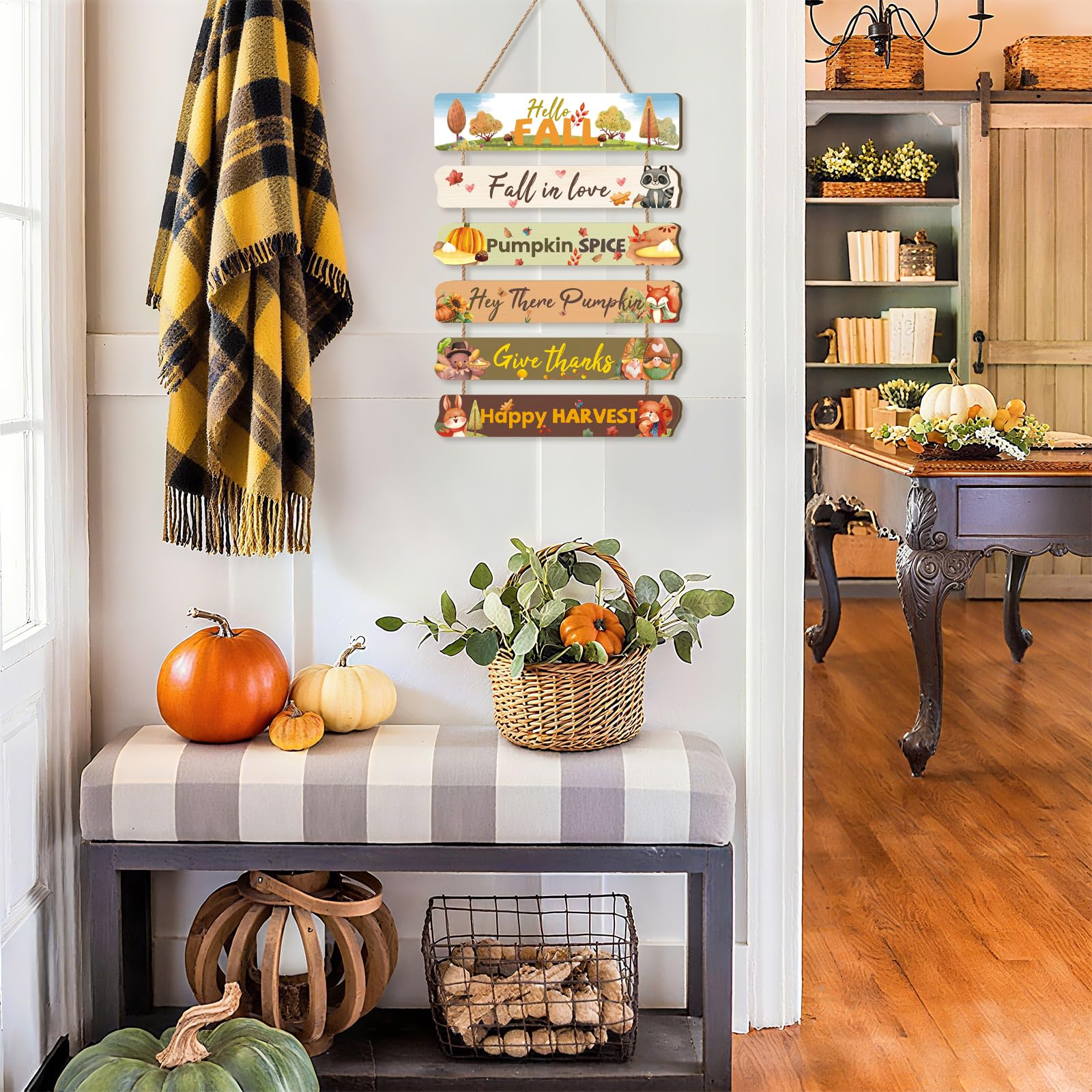 Ausril Hello Fall Door Decor,Happy Harvest Door Hanging,Thanksgiving Autumn Wall Plaque,Pumpkin Wall Hanging Sign,Autumn Door De