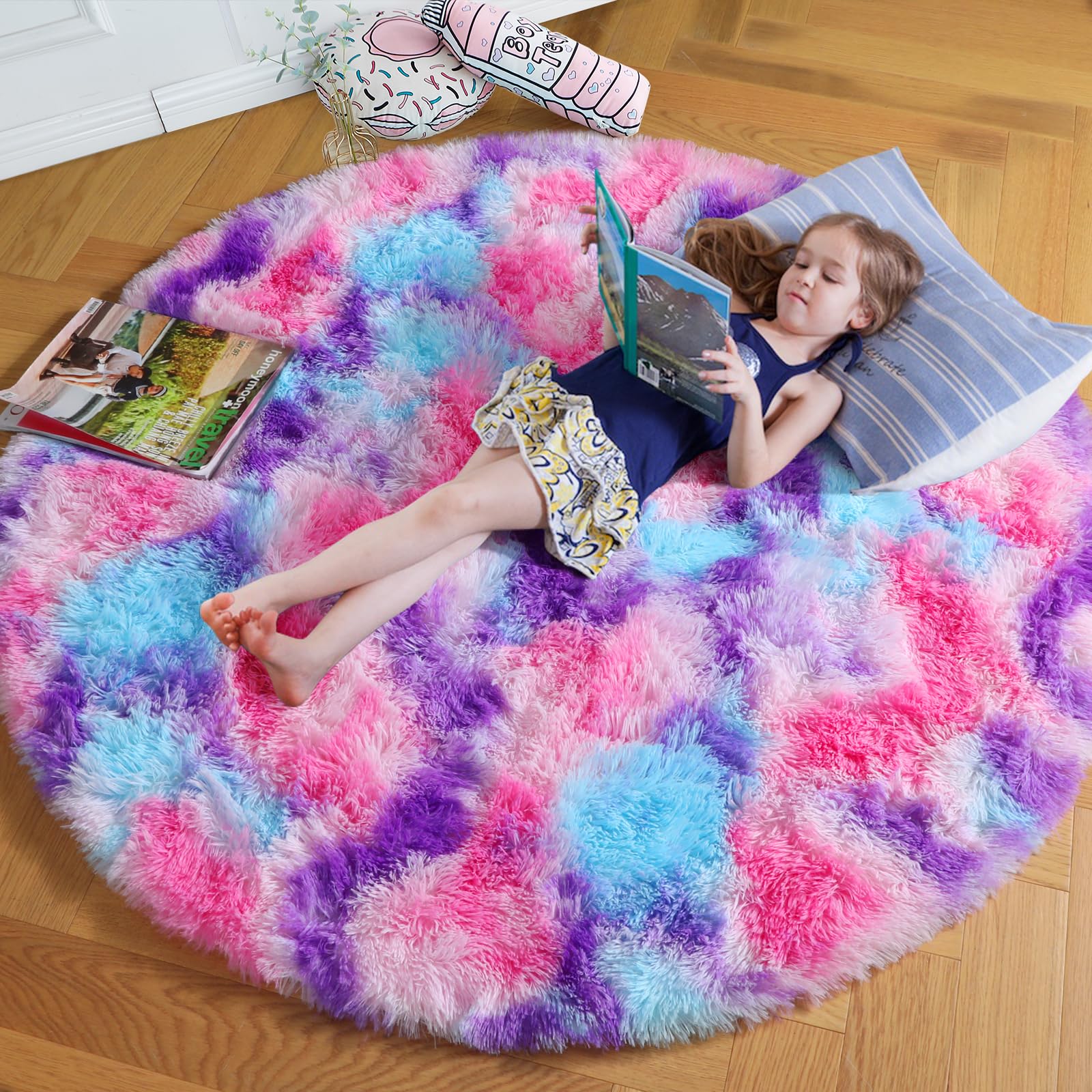 Amdrebio Hot Pink Rainbow Round Circle Area Rug 4Ft for Girls Bedroom, Fluffy Cute Fuzzy Colorful Pastel Kids Rugs for Nursery P
