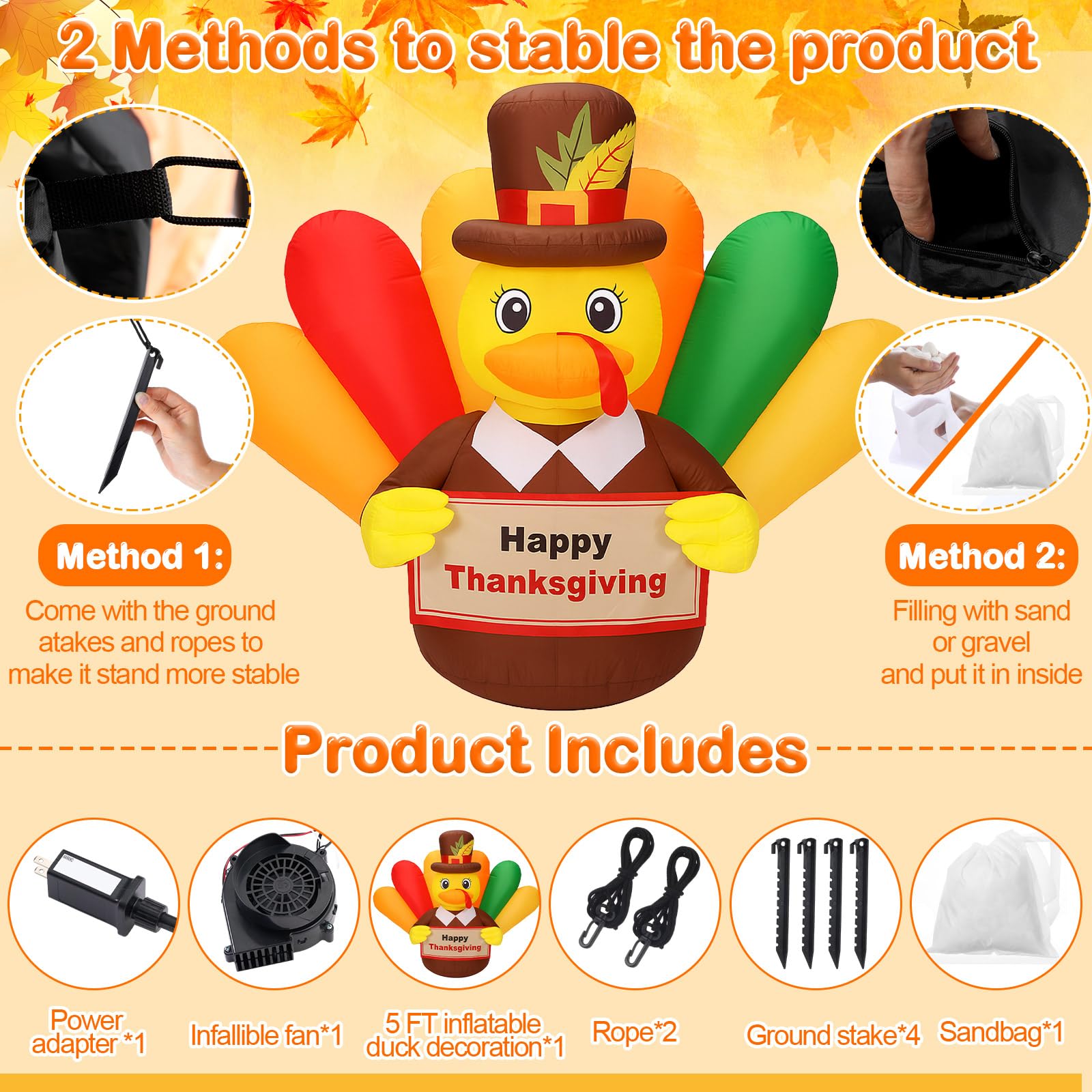 Sosation 6.5 FT Thanksgiving Inflatables Duck Turkey Inflatable Decoration Blow Up Turkey Outdoor with LED Lights Decorations fo