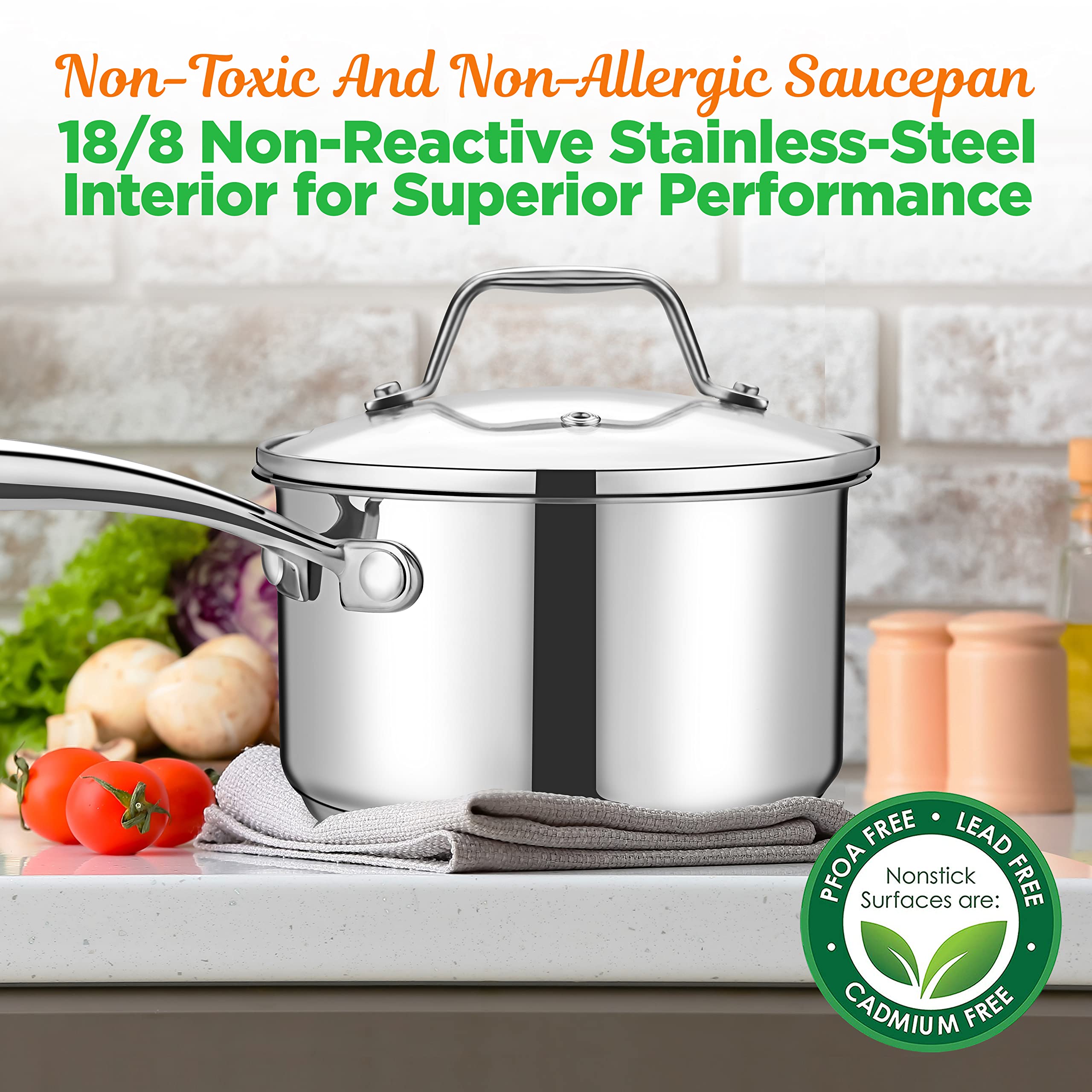 Nutrichef 2 Quart Stainless Steel Pot With Lid - Heavy Duty Saucepan With Ergonomic Handles, For All Cooktops