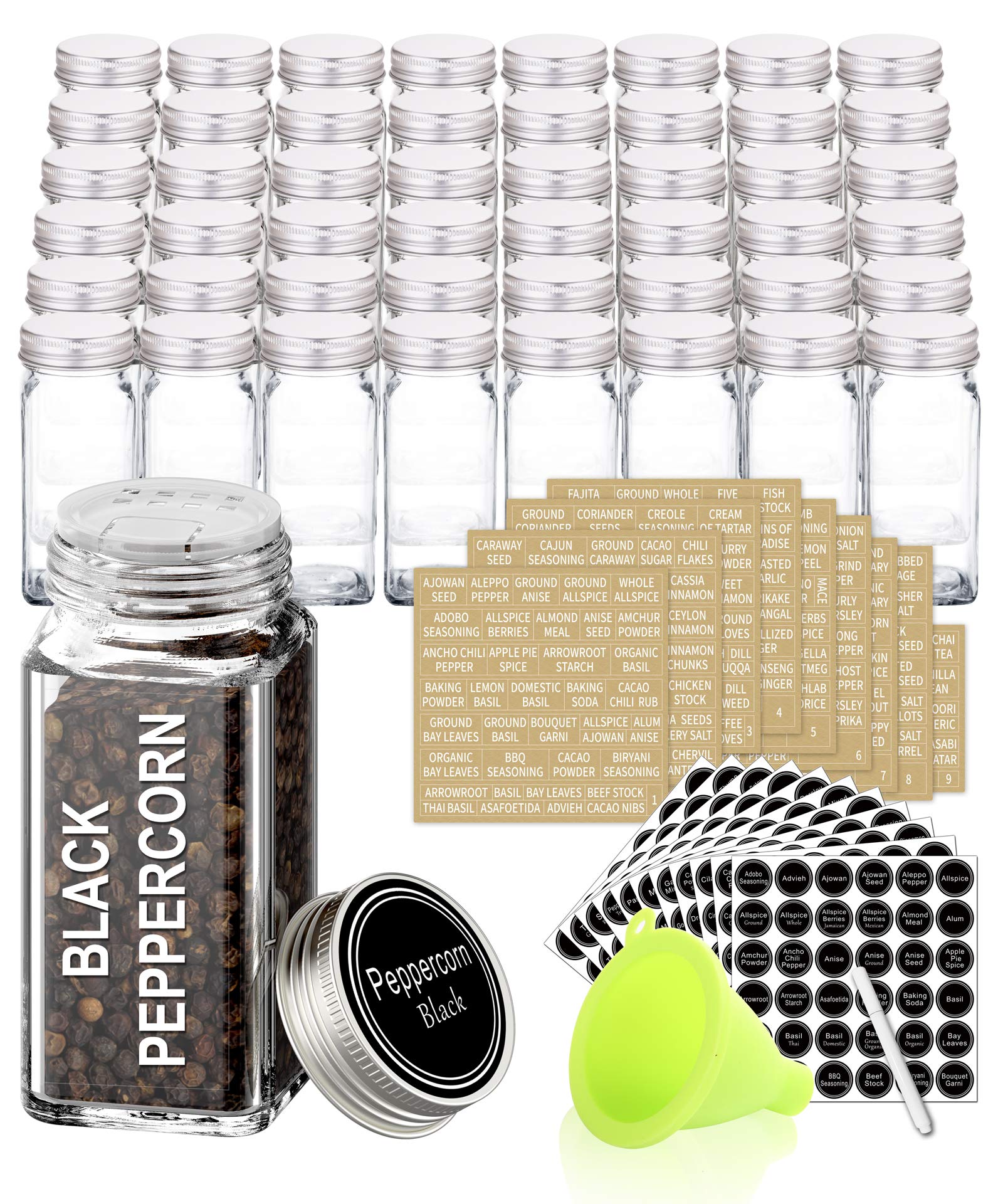 Swommoly 48 Glass Spice Jars With 713 Spice Labels, Chalk Marker And Funnel Complete Set. 48 Square Glass Jars 4Oz, Airtight Cap
