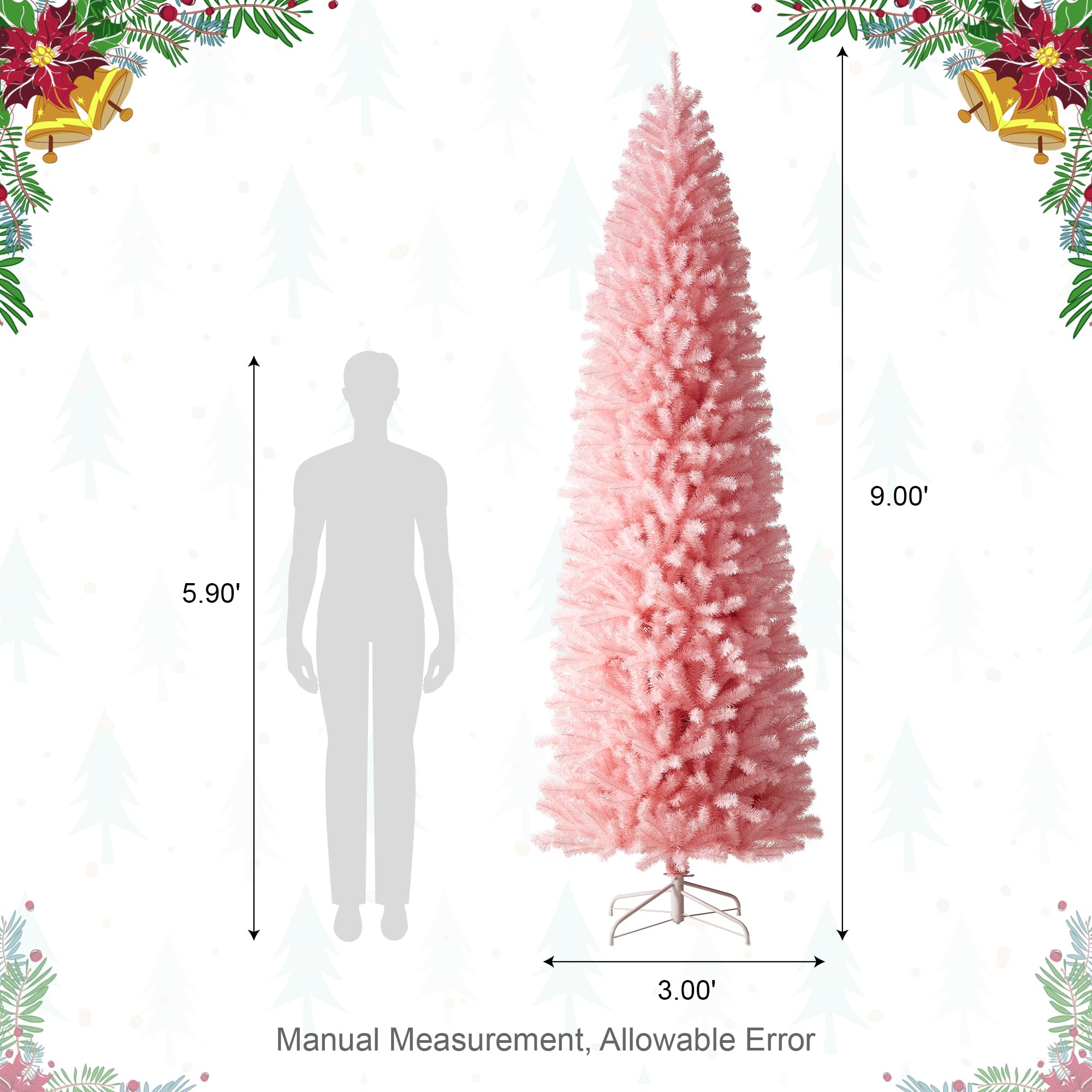 Glitzhome Pencil Tinsel Artificial Christmas Tree, 9ft Pink Christmas Tree with 1860 PVC Branch Tips and Foldable Metal Stand fo