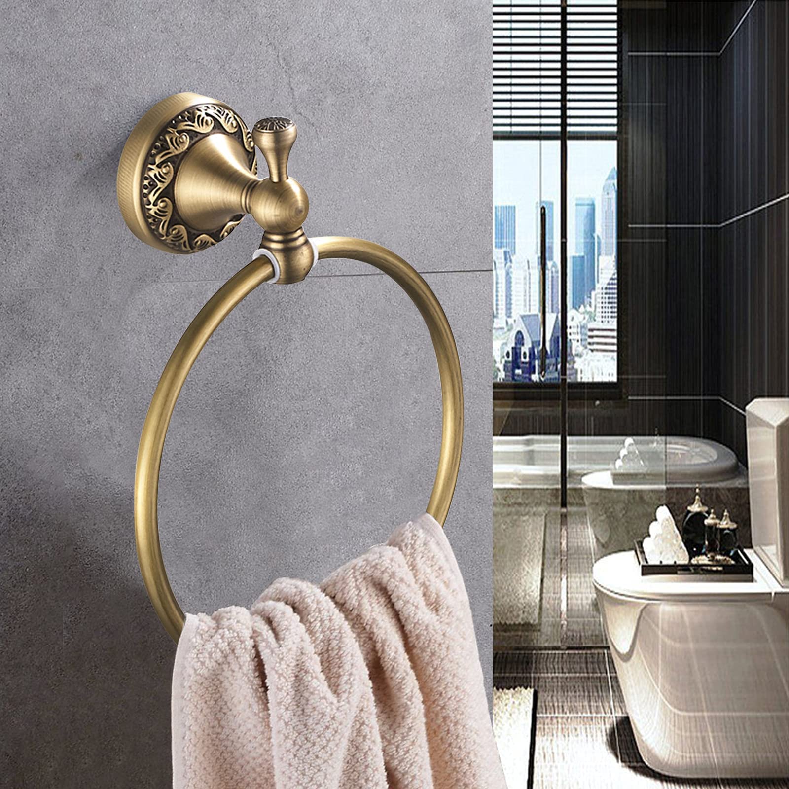 Leyden Brass Towel Ring  Antique Retro Round Towel Holder  Wall Mounted Bath Hand Towel Rack Rail Bathroom Hardware Classical Ancient Wave Pattern Base