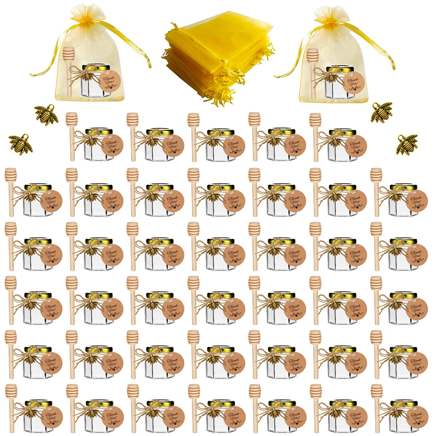 Iikum 40 Pack 1.5 Oz Hexagon Mini Glass Honey Jars With Wooden Dippers, Gold Lids, Bee Pendants, Golden Gift Bags, Thank You Car