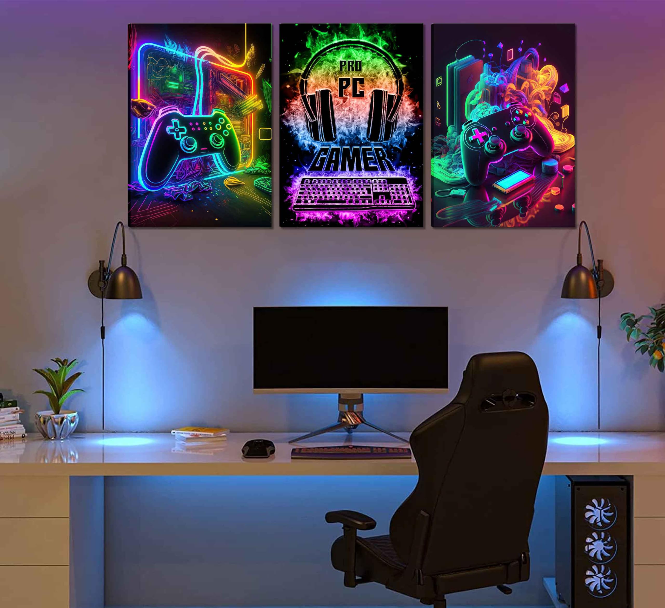 Nbyartq 3Pcs Cool Gaming Wall Art Retro Video Gamer Watercolor Posters Pictures Colorful Neon Gamepad Canvas Painting Prints For