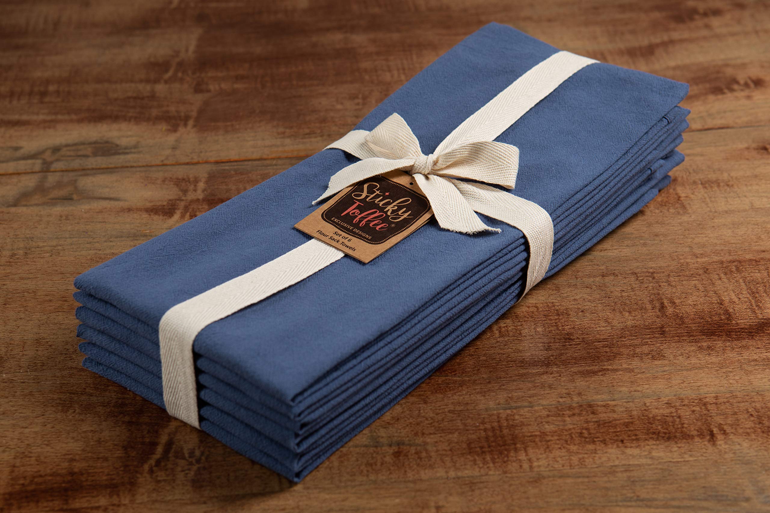Sticky Toffee Flour Sack Kitchen Towels 100% Cotton Blue, Set Of 6, Crinkle Finish Tea Towels, Low Lint And Absorbent Dish Towel