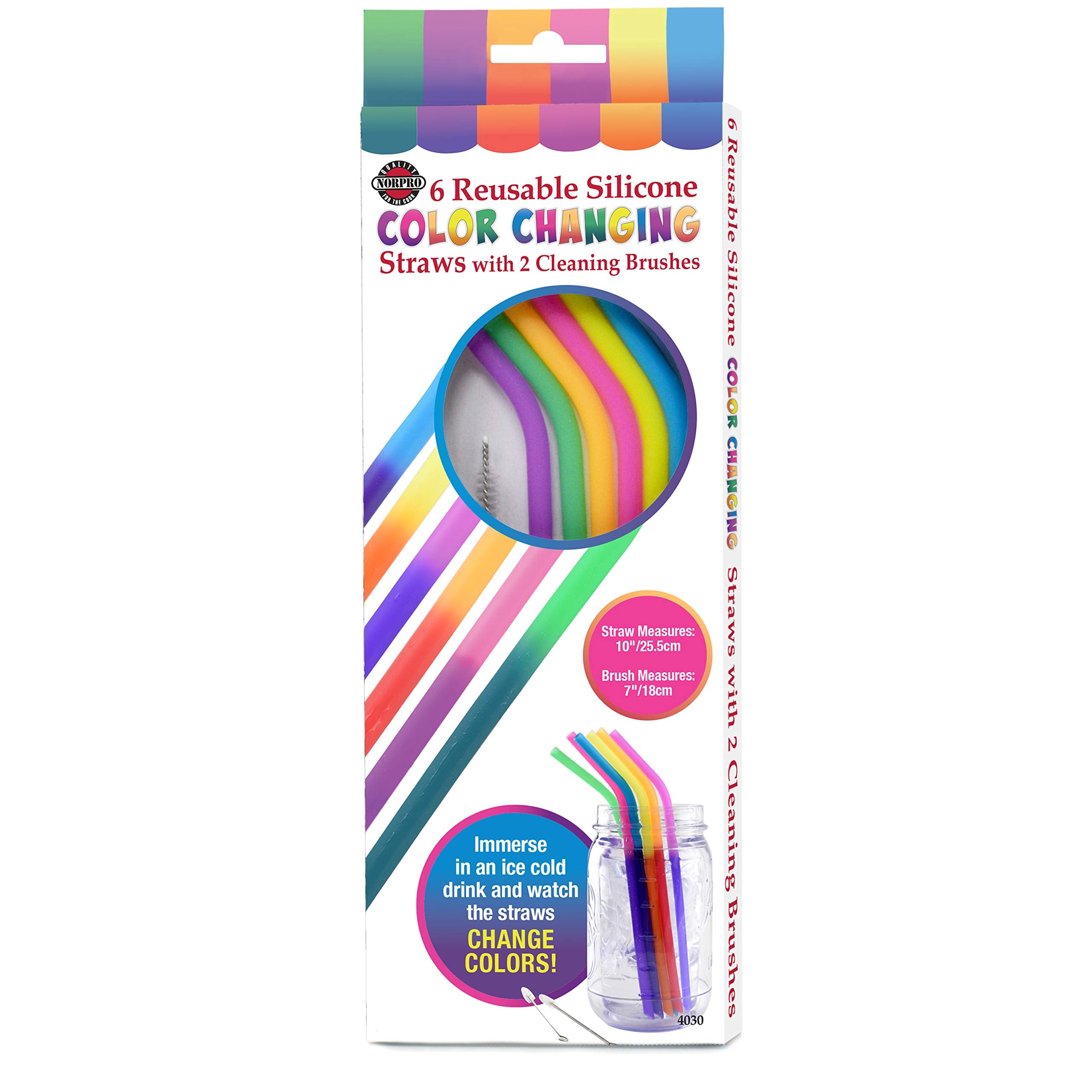 Norpro Silicone Color Changing Straws With 2 Cleaning Brushes, Set Of 6