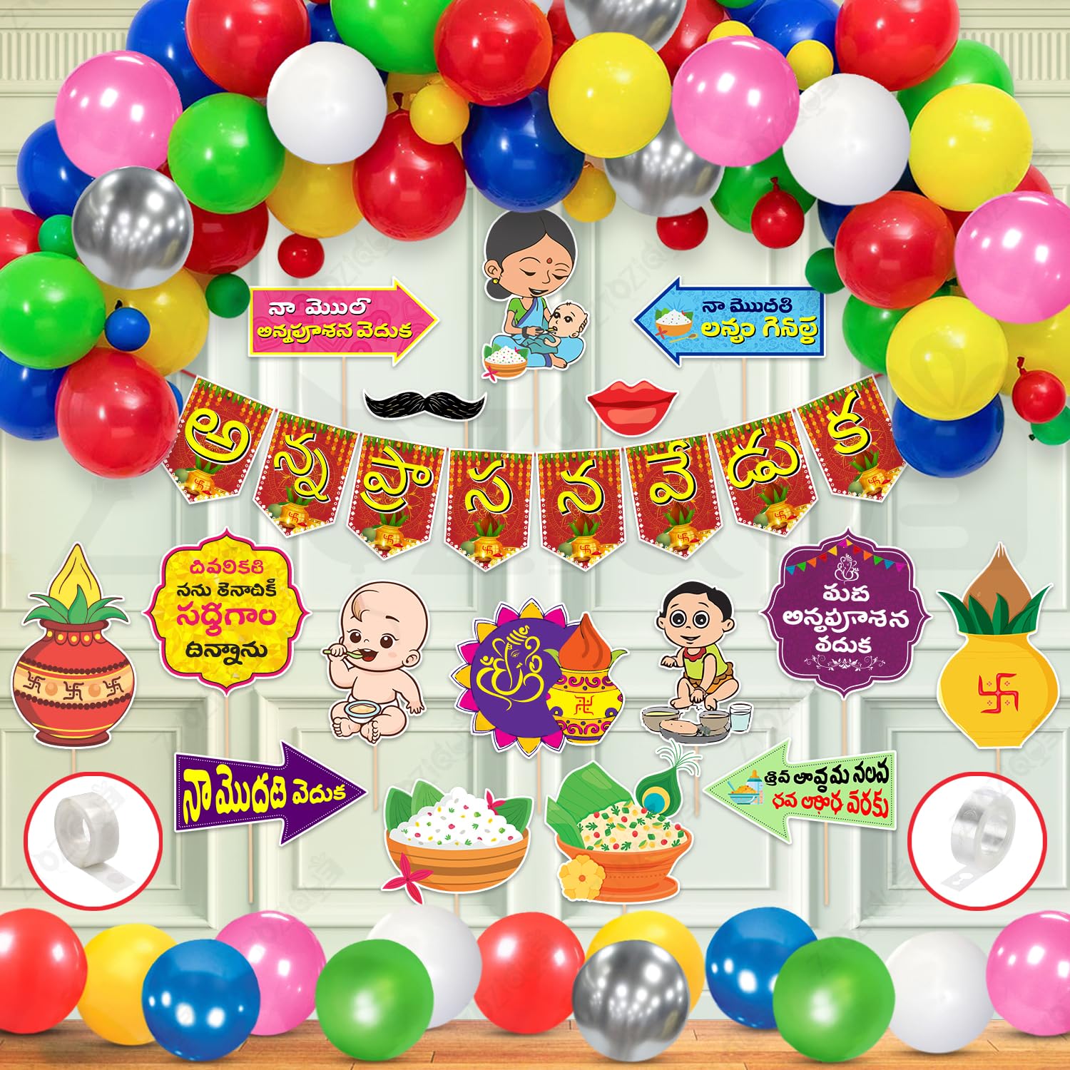 Zyozique 42 Pcs Annaprasanam/Rice Ceremony Decorations Combo, Telegu Font Baby 1st Food Ceremony Decorations Photo Booth Props, 
