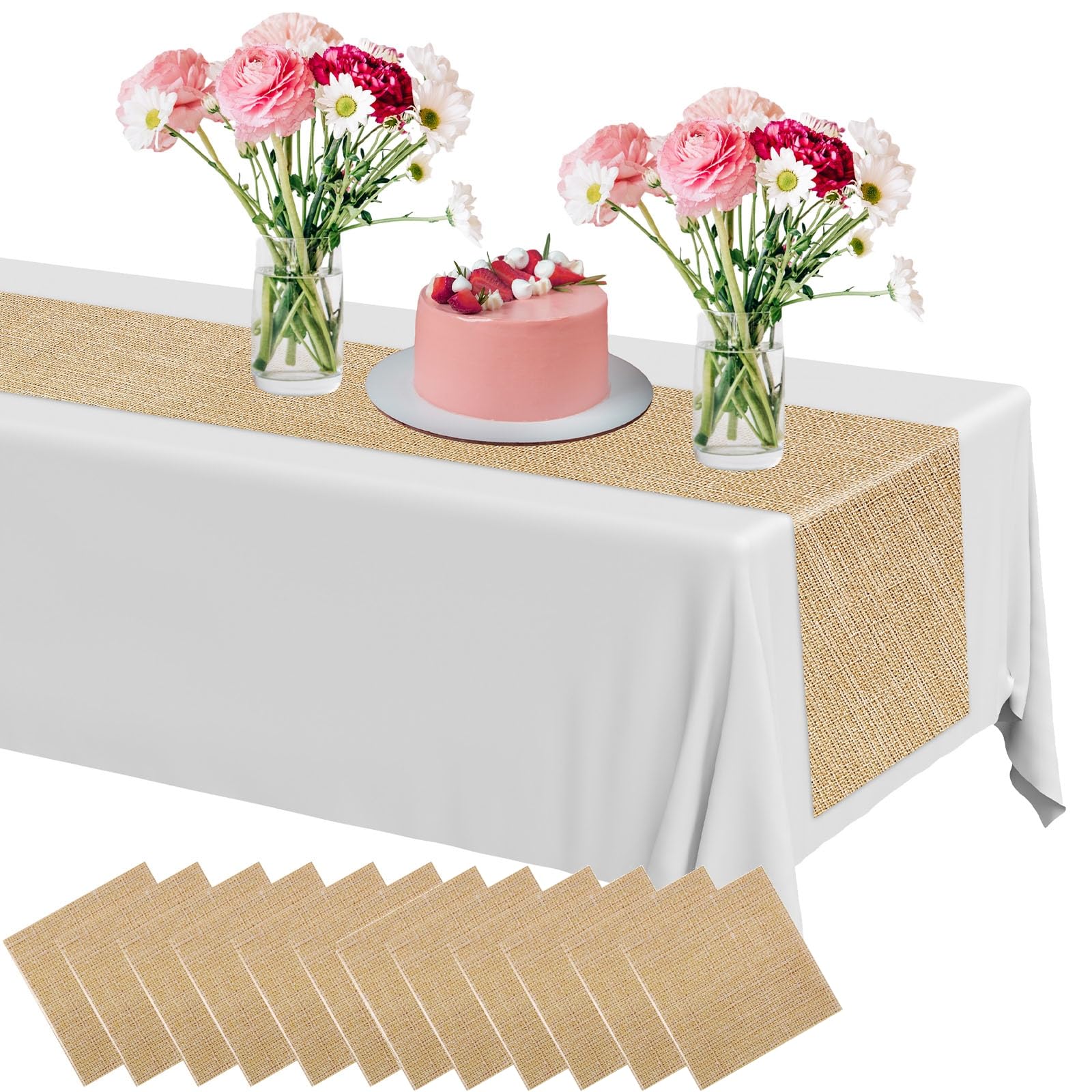 Newwiee 6 Pack Plastic Table Runner 14 x 108 Inch Natural Burlap Printed Disposable Runners Table Decoration for Home Farmhouse 