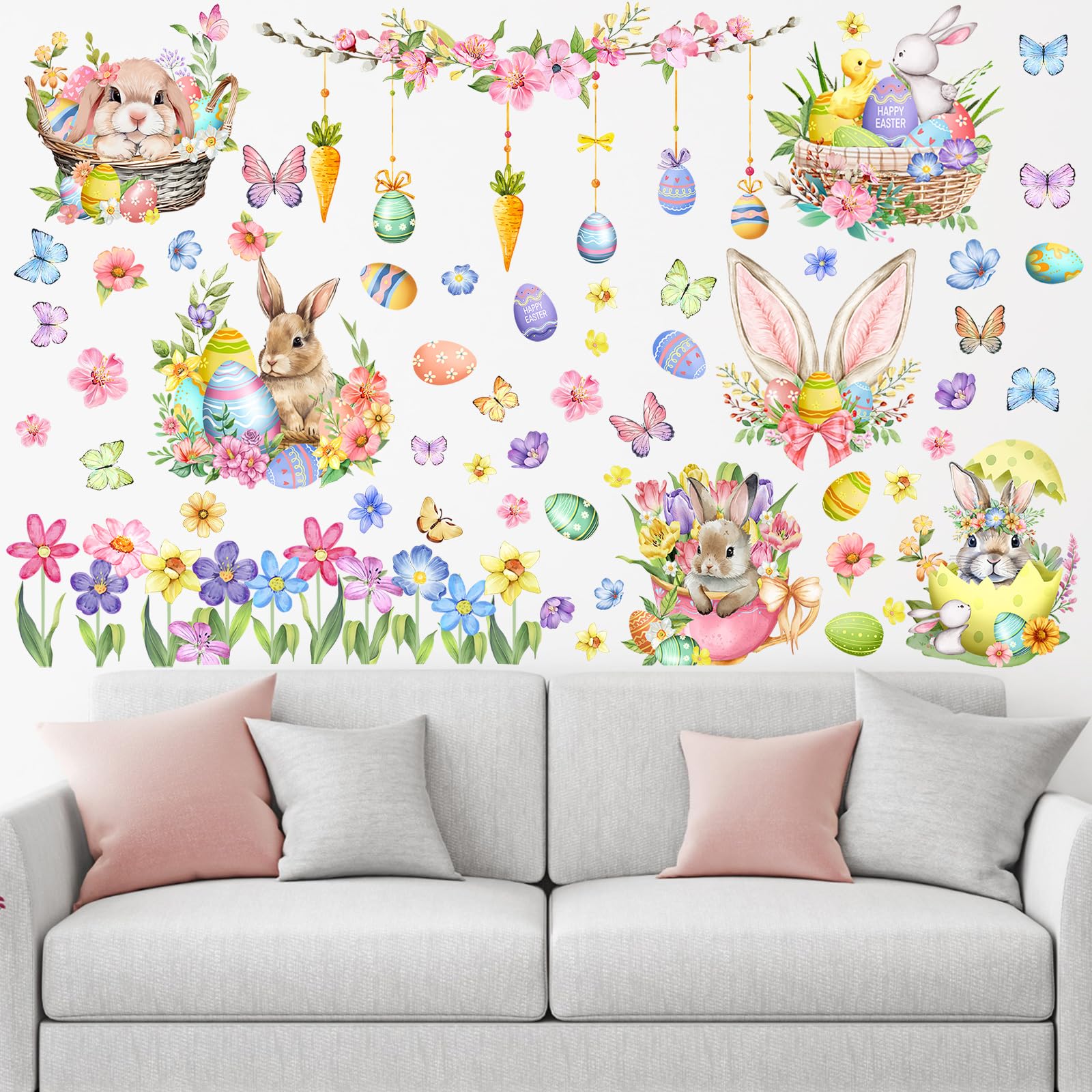 Eersida 6 Sheets Large Easter Wall Stickers Decoration Easter Egg Bunny Flower Branches Wall Peel and Stick Window Stickers Livi