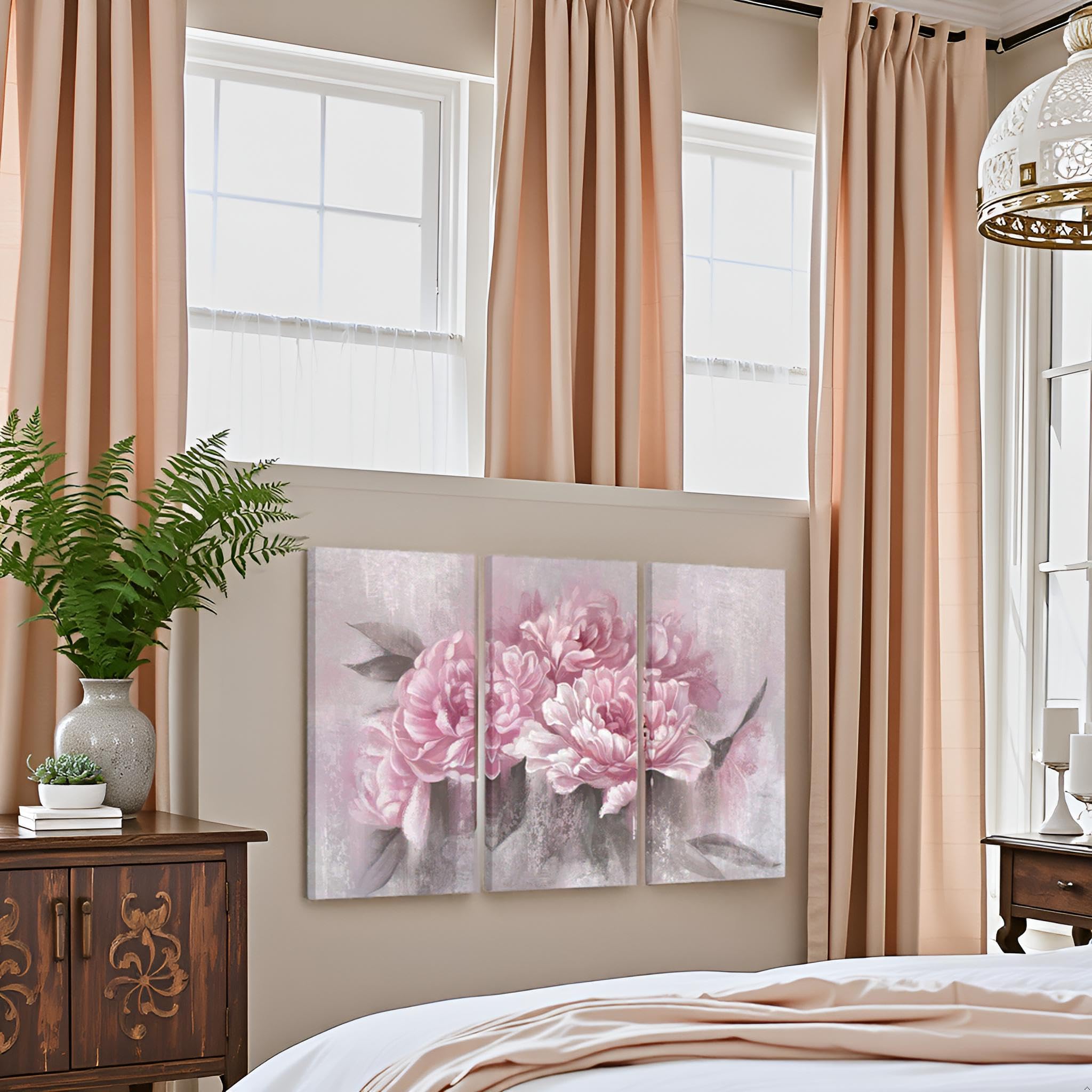 sechars 3 Piece Flower Wall Art Canvas Pink Peony Floral Painting Picture Vintage Blossom Art Prints for Living Room Girl Bedroom Decor for Living Framed Ready to Hang Each Piece 16x32inch
