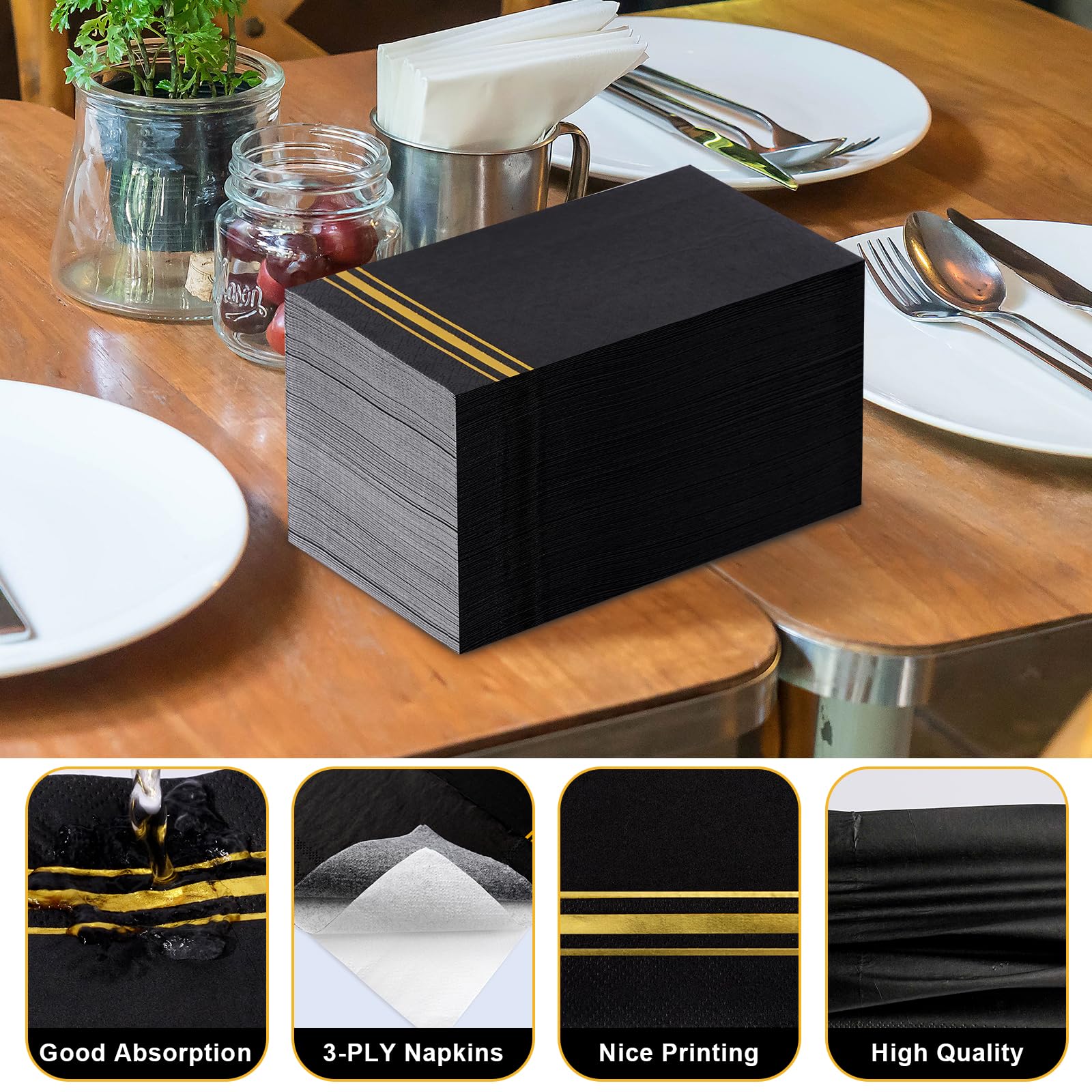 100 Gold Trim Lined Paper Napkins Black Elegant Dinner Napkins, 3 Ply Gold Foil Guest Napkins Disposable Hand Towels For Bathroo