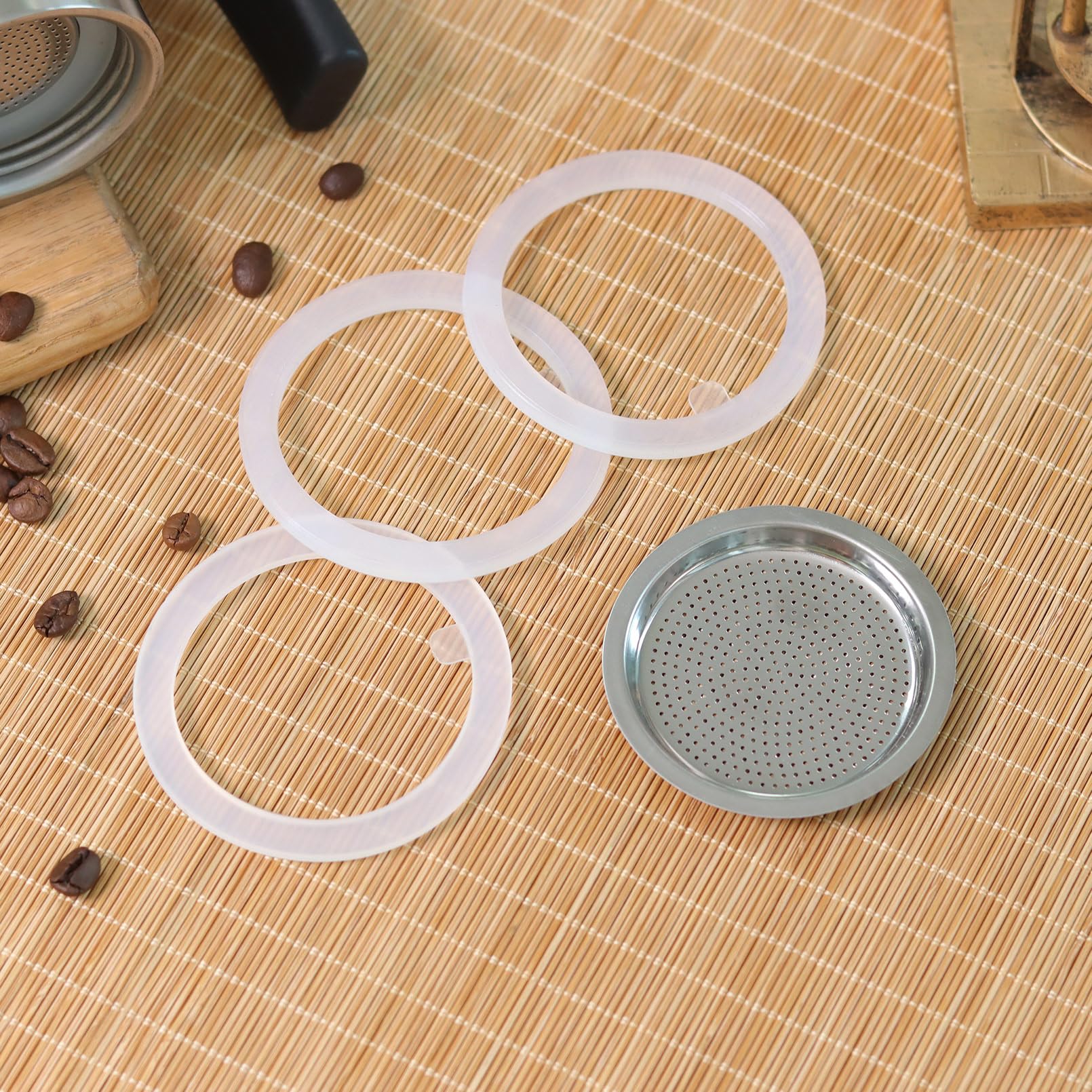 Sivaphe 9 Cups Stovetop Espresso Coffee Maker Replacement Infuser Parts Stainless Steel For Italian Moka Pot, 1 Filter And 3 Sil