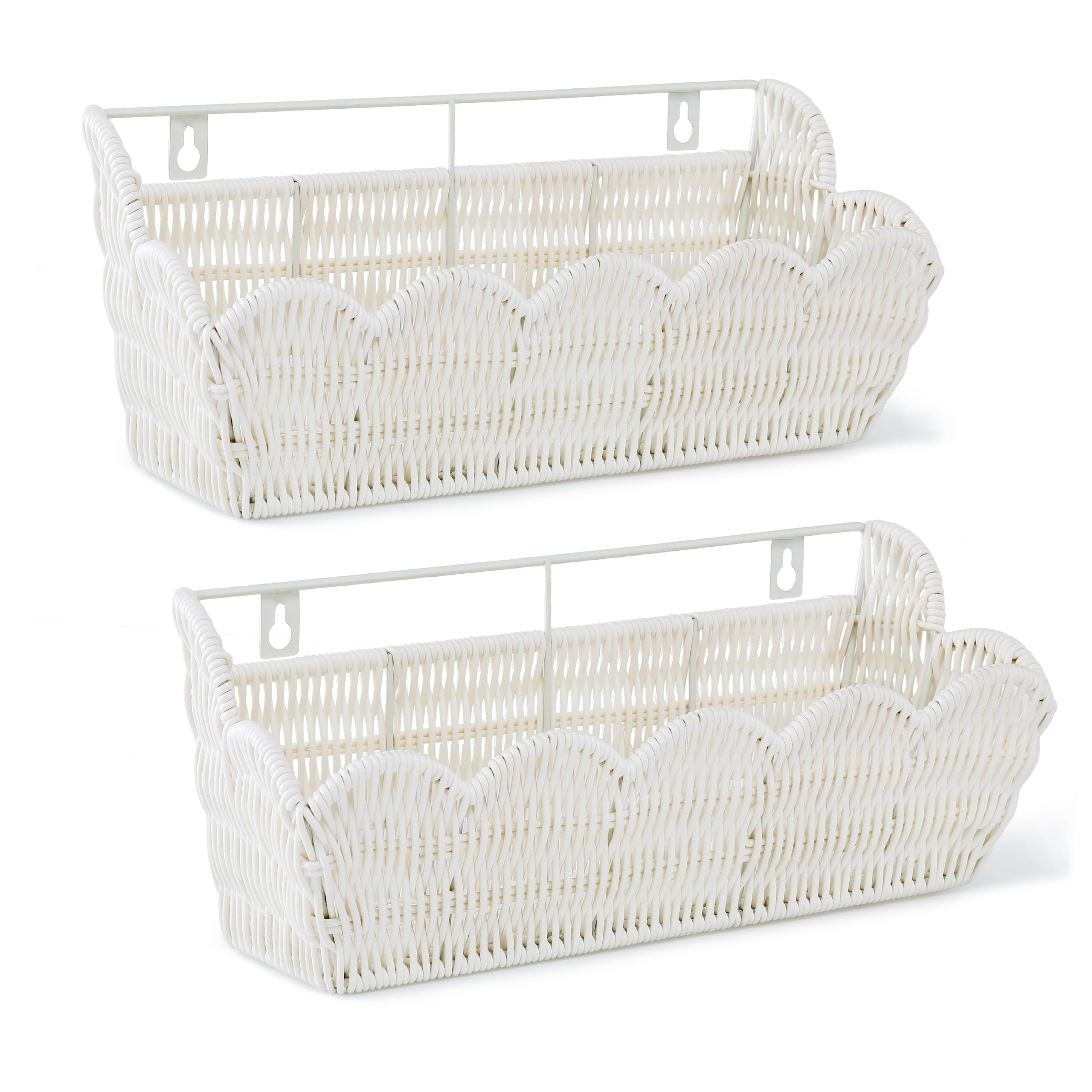 2 Pack Adhesive Plastic Wicker Hanging Storage Basket Scalloped Edge,White
