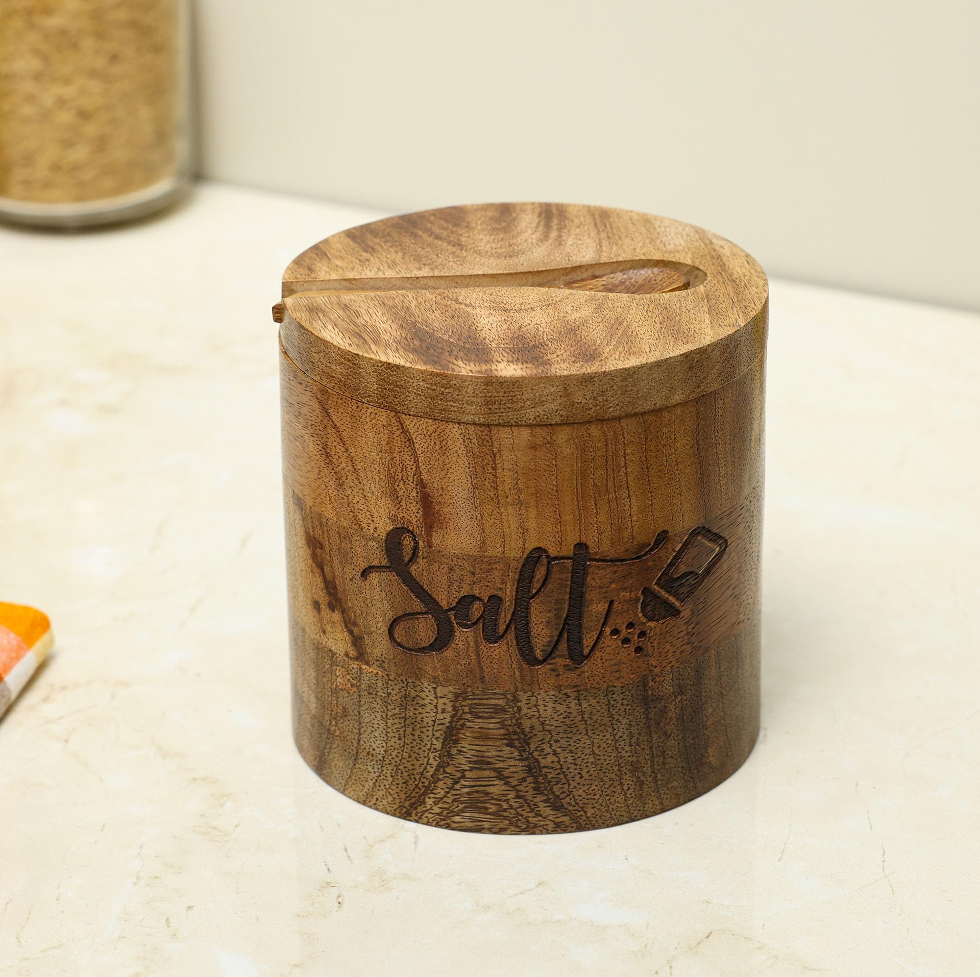 Dudki Wooden Salt Box With Magnetic Lid With Attached Spoon On Top| Round Salt Container| Bowl Pot Jar Salt Box | Mango Wood For