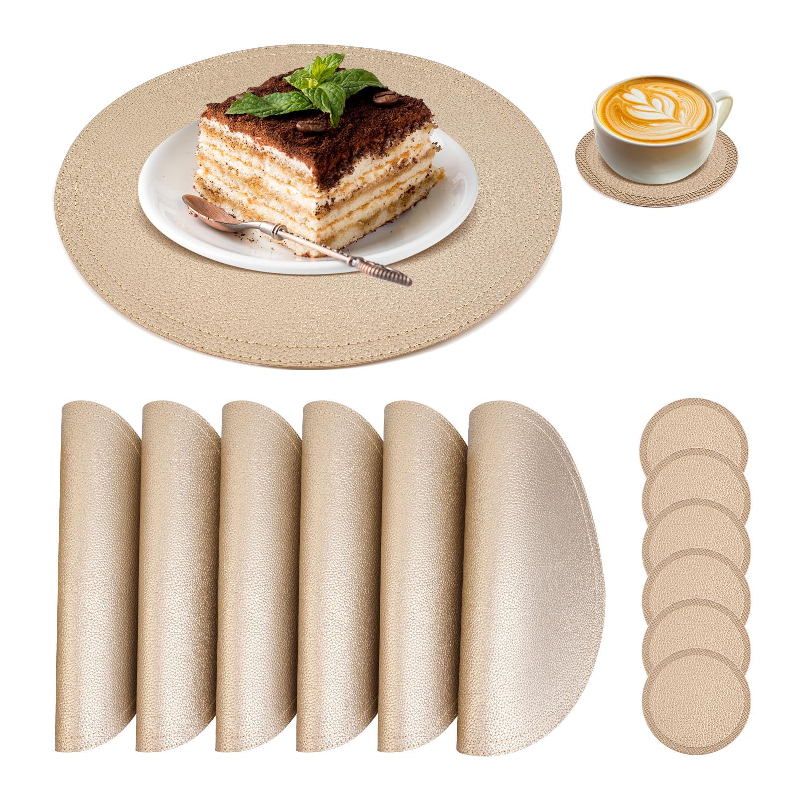 Set Of 6 Faux Leather Gold Round Placemats And Coasters, Coffee Mats Kitchen Table Mats, Waterproof, Easy To Clean For Kitchen D