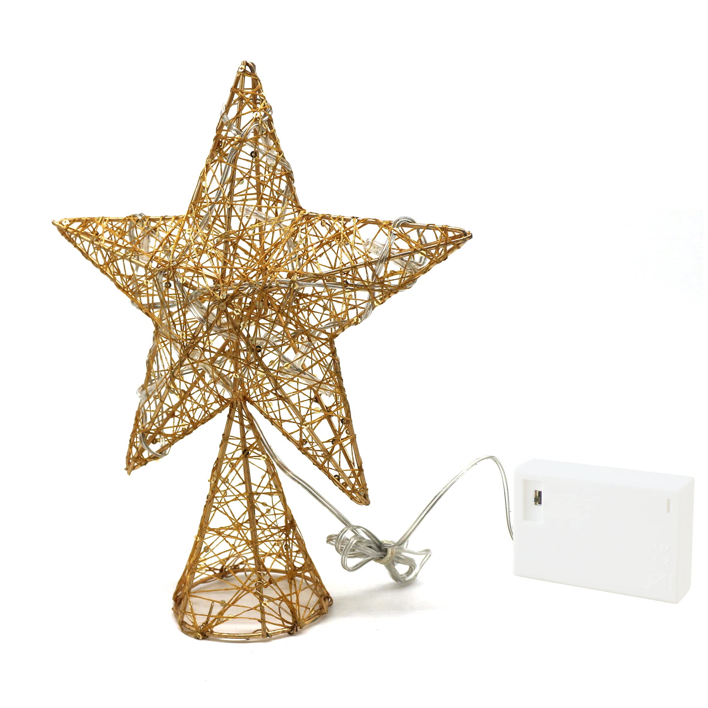 CVHOMEDECO. Gold Tree Top Star with Warm White LED Lights and Timer for Christmas Ornaments and Holiday Seasonal D  cor, 8 x 10 