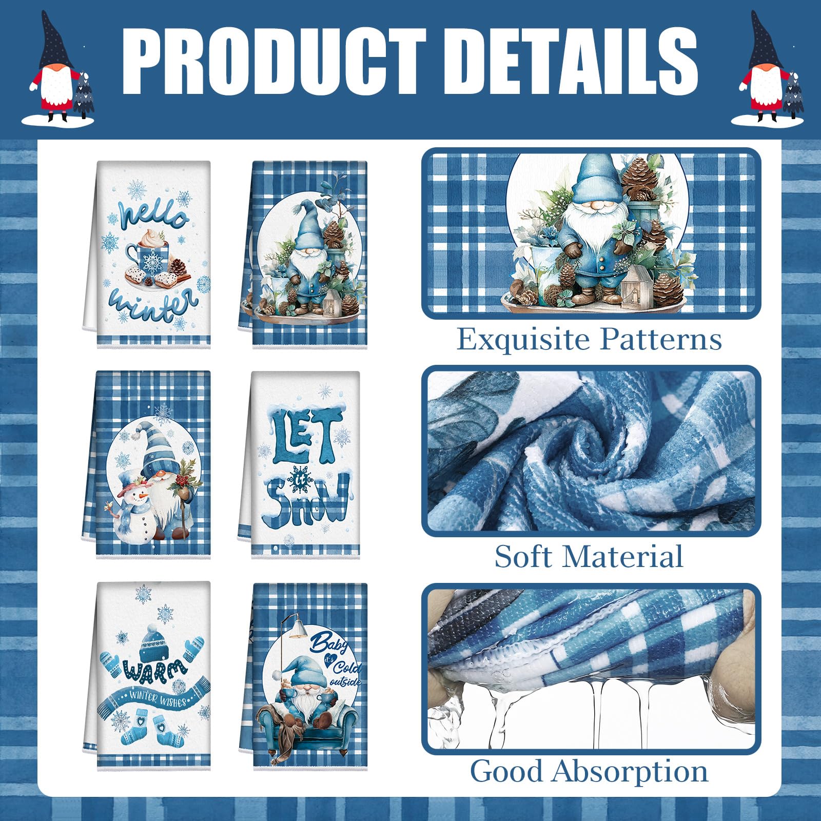 Hosuly 6 Pcs Winter Kitchen Towels Hello Winter Blue Plaid Hand Towels Snowflakes Gnome Let Snow Dish Clothes Warm Farmhouse Dec